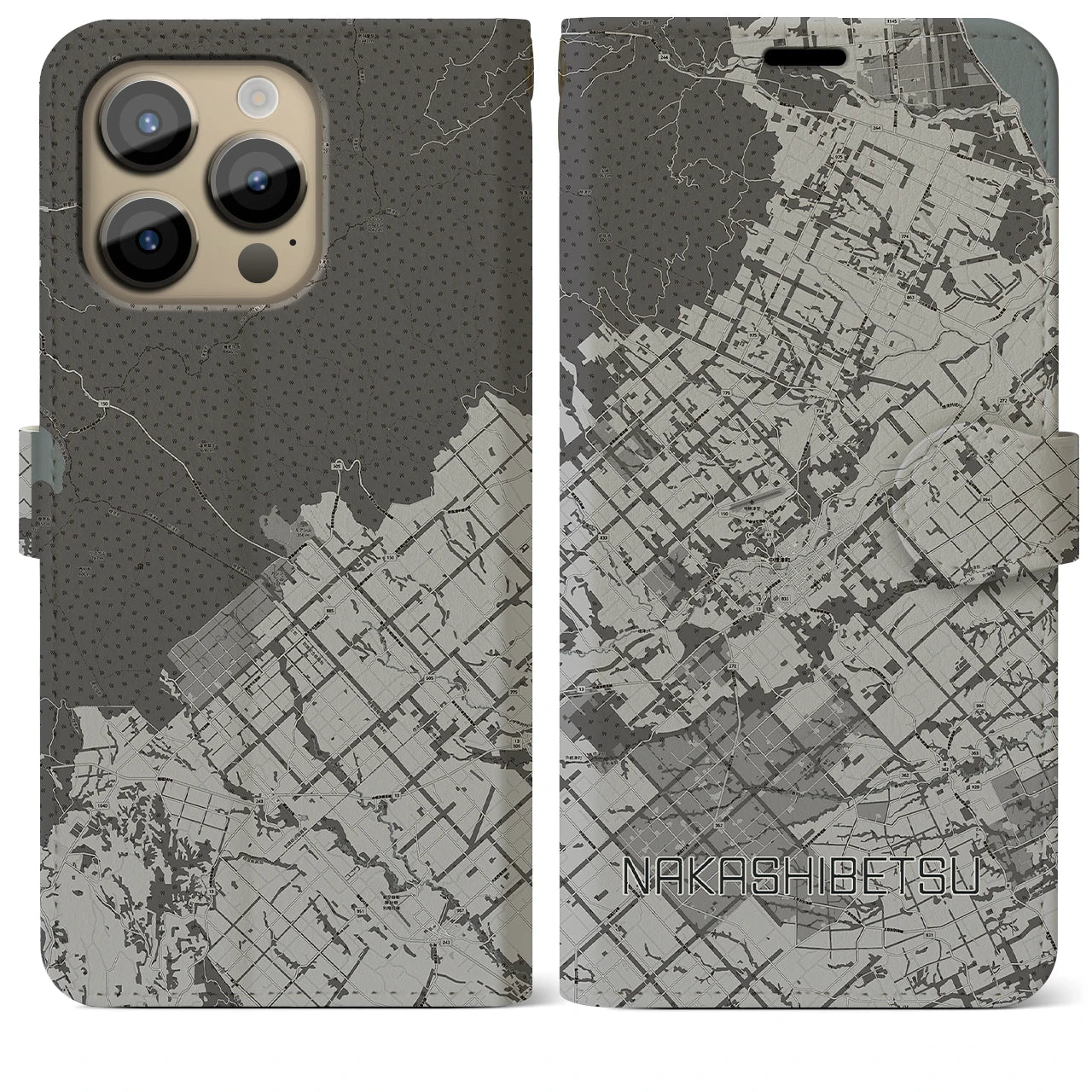 【中標津(北海道)】地図柄iPhoneケース(手帳タイプ)モノトーン・iPhone 14 Pro Max 用