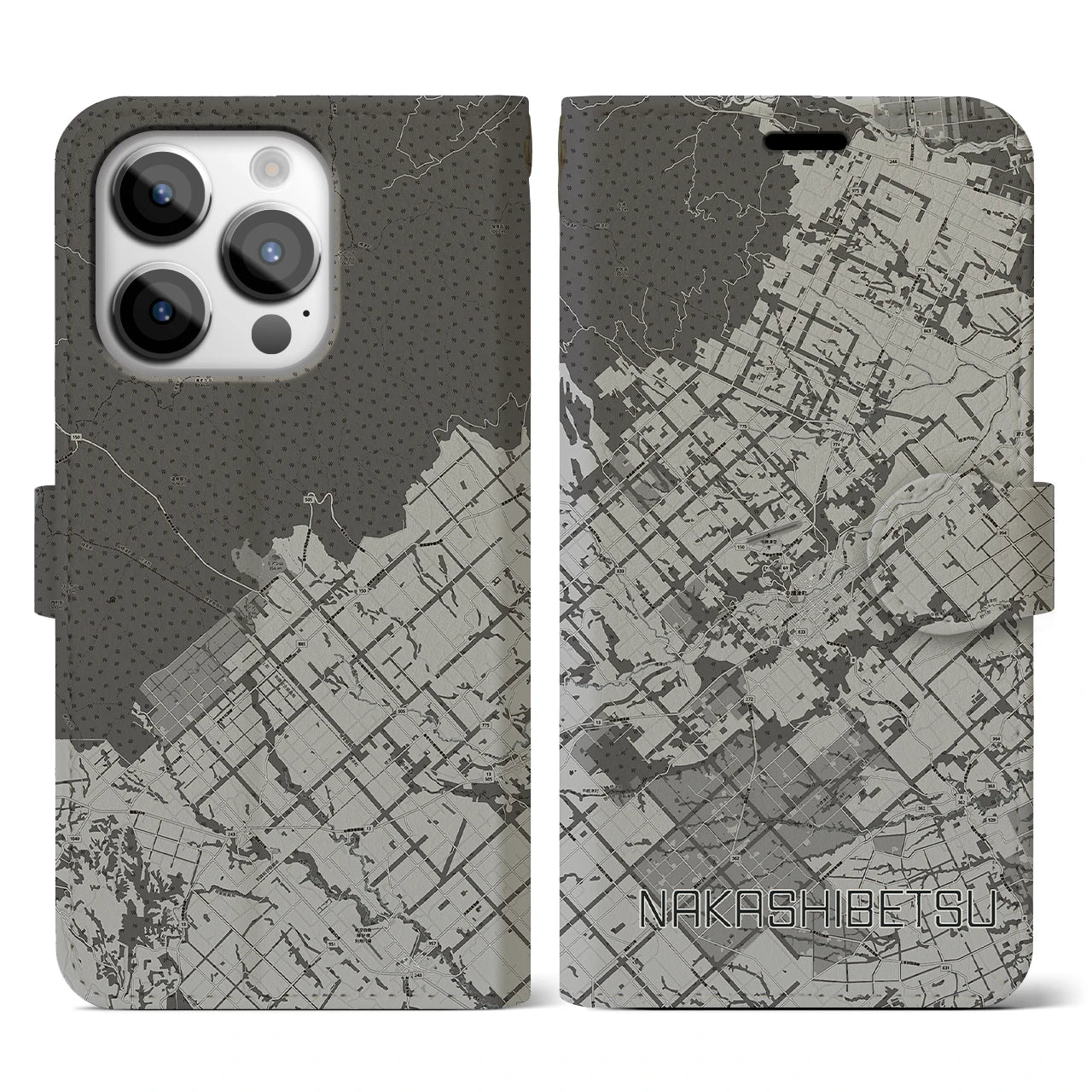 【中標津(北海道)】地図柄iPhoneケース(手帳タイプ)モノトーン・iPhone 14 Pro 用