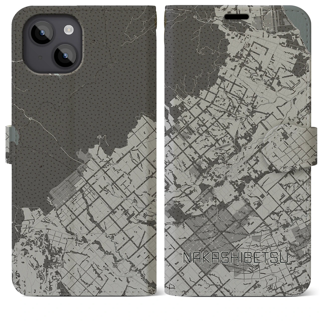 【中標津(北海道)】地図柄iPhoneケース(手帳タイプ)モノトーン・iPhone 14 Plus 用