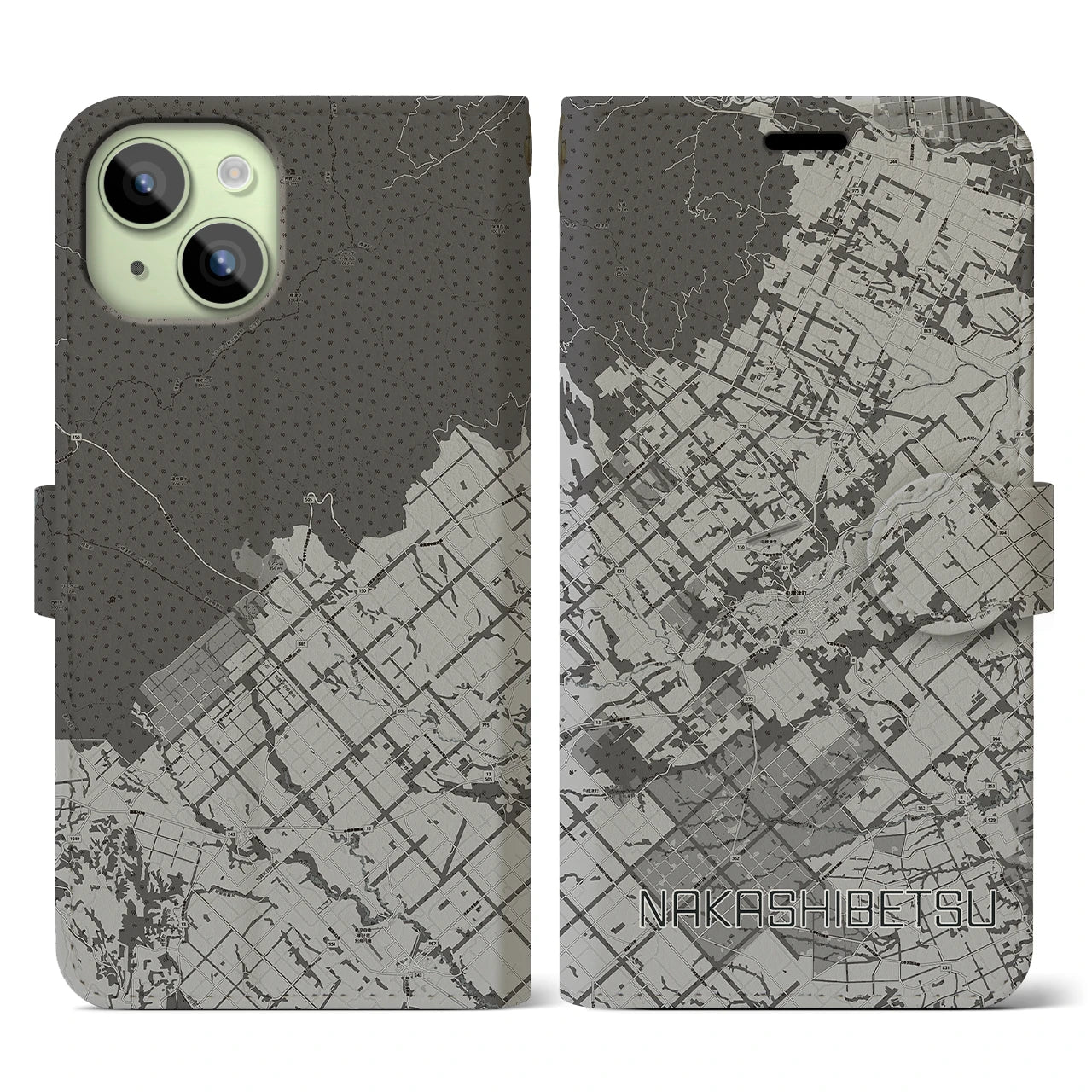 【中標津(北海道)】地図柄iPhoneケース(手帳タイプ)モノトーン・iPhone 15 用