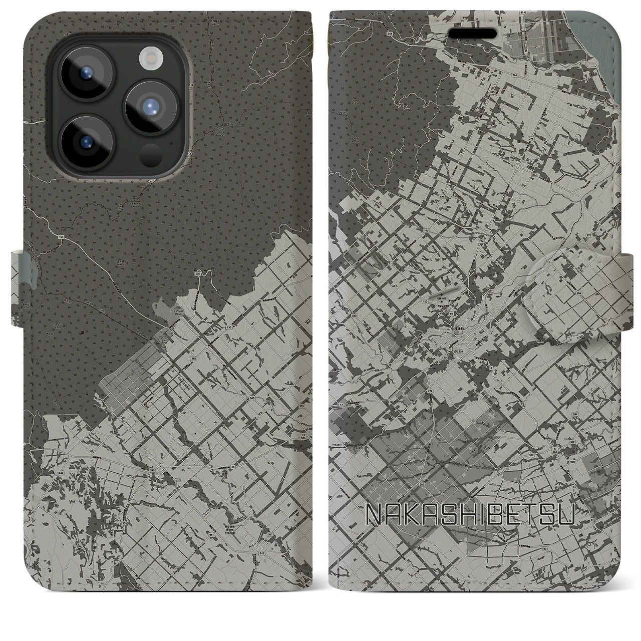 【中標津(北海道)】地図柄iPhoneケース(手帳タイプ)モノトーン・iPhone 15 Pro Max 用