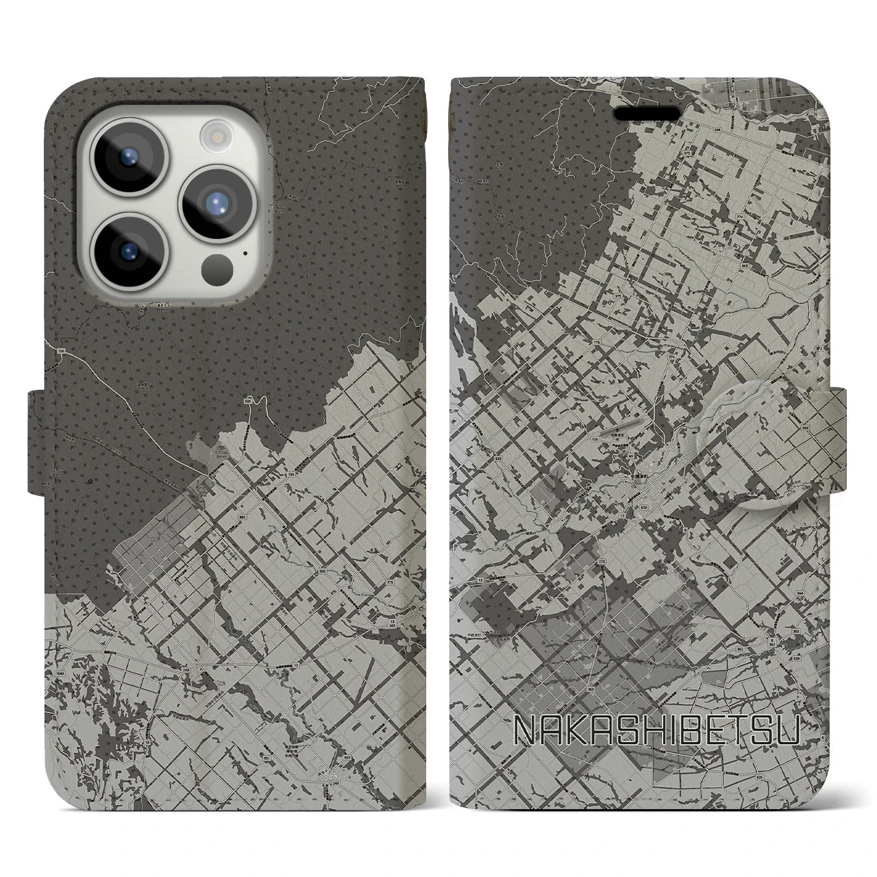 【中標津(北海道)】地図柄iPhoneケース(手帳タイプ)モノトーン・iPhone 15 Pro 用