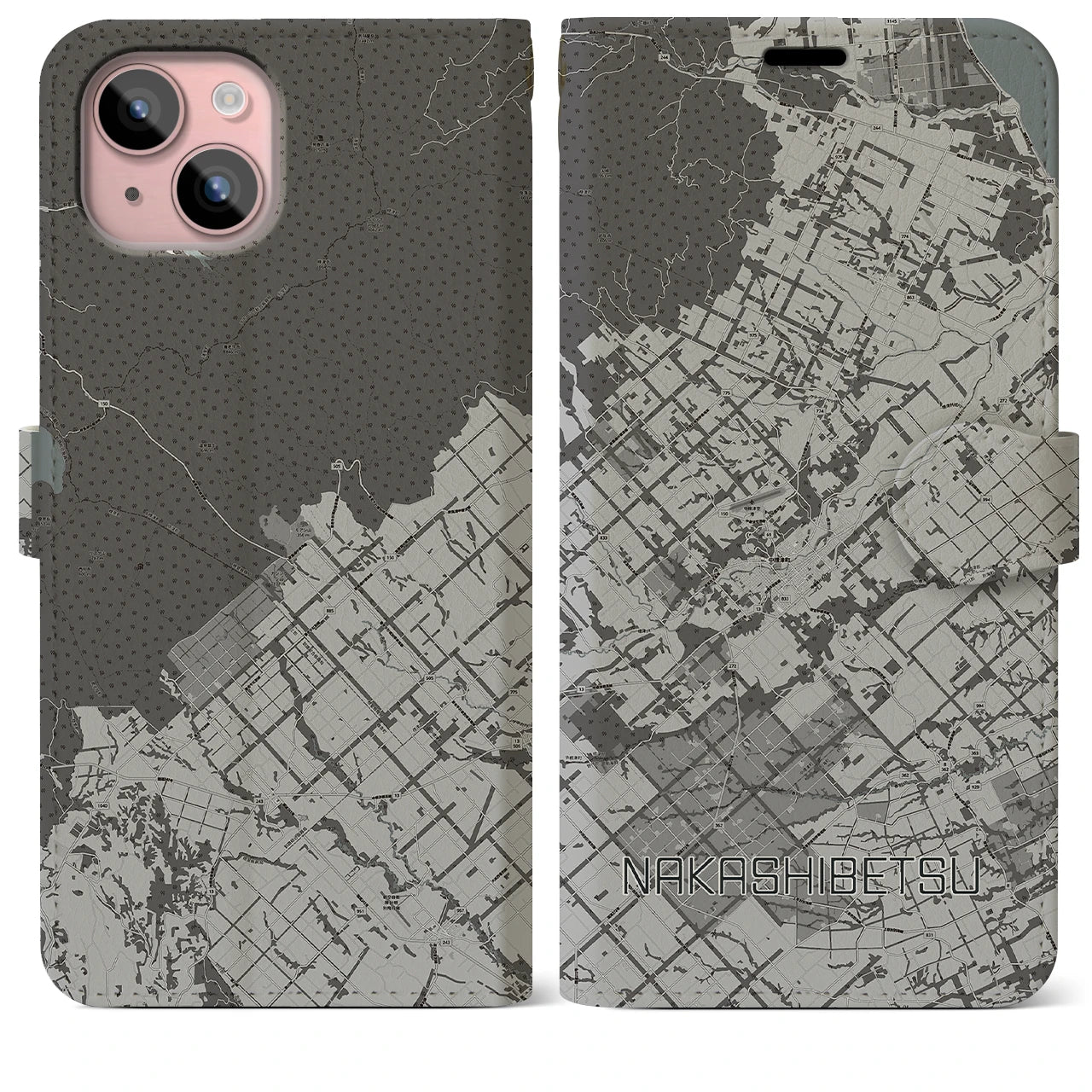 【中標津(北海道)】地図柄iPhoneケース(手帳タイプ)モノトーン・iPhone 15 Plus 用
