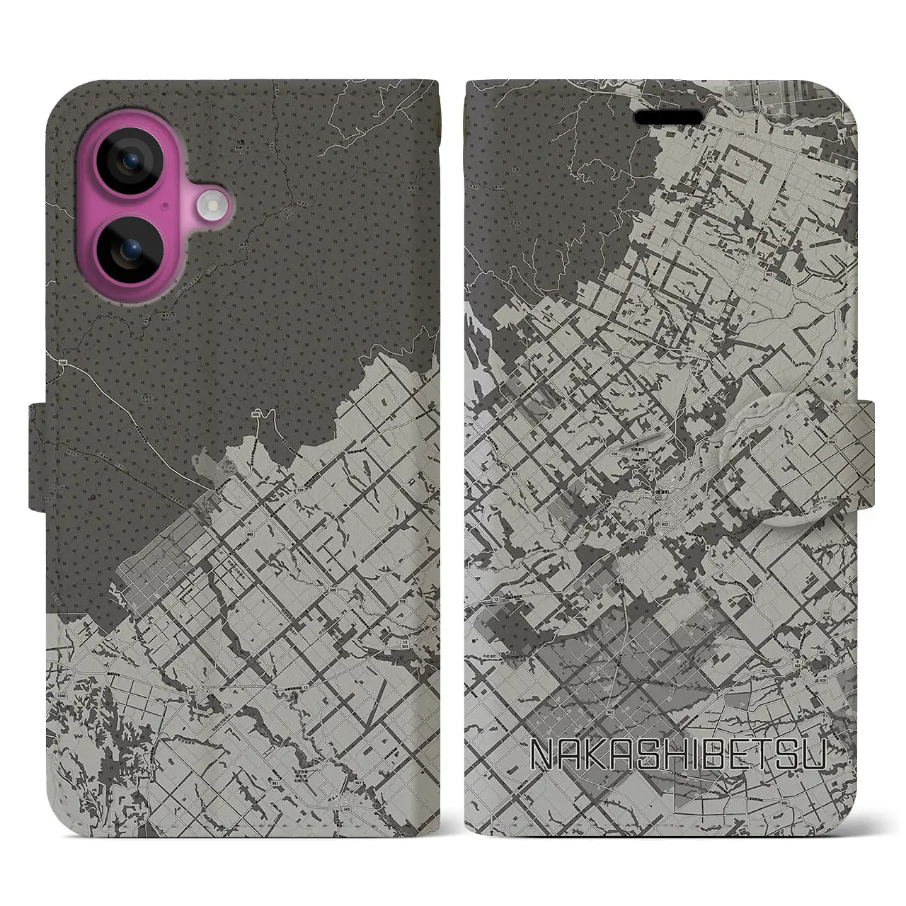 【中標津(北海道)】地図柄iPhoneケース(手帳タイプ)モノトーン・iPhone 16 Pro 用
