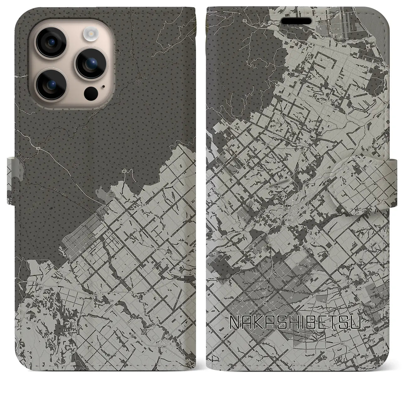 【中標津(北海道)】地図柄iPhoneケース(手帳タイプ)モノトーン・iPhone 16 Plus 用