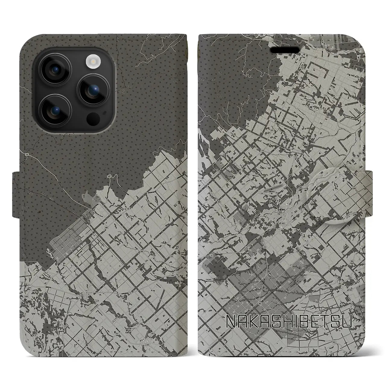 【中標津(北海道)】地図柄iPhoneケース(手帳タイプ)モノトーン・iPhone 16 用