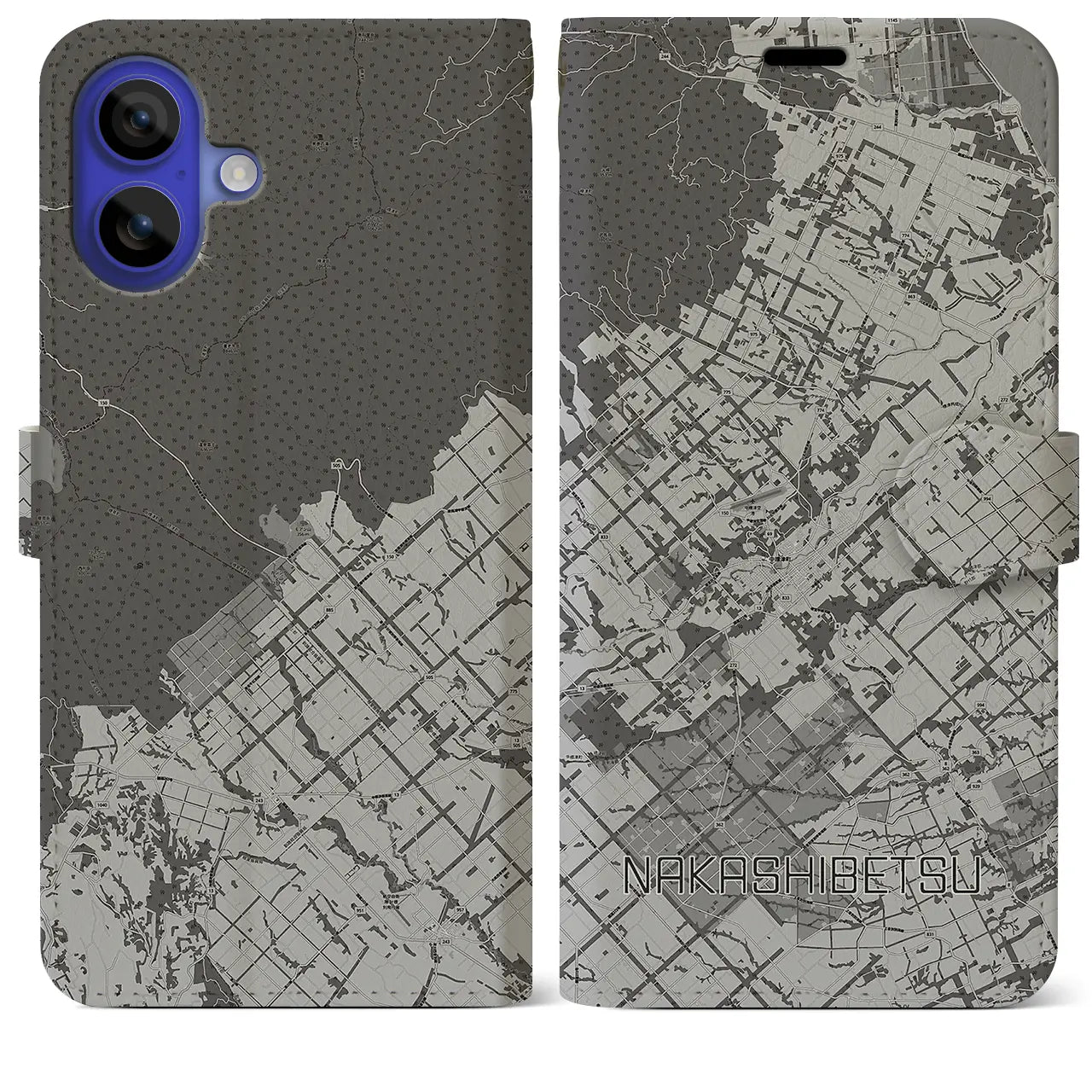 【中標津(北海道)】地図柄iPhoneケース(手帳タイプ)モノトーン・iPhone 16 Pro Max 用