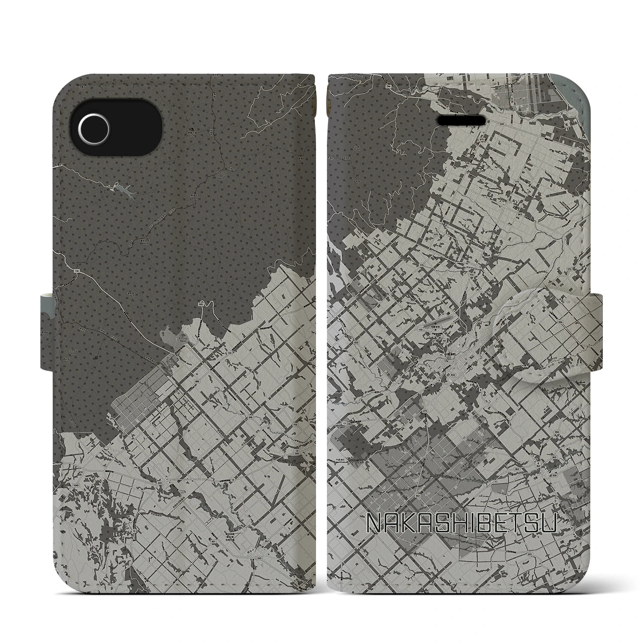 【中標津(北海道)】地図柄iPhoneケース(手帳タイプ)モノトーン・iPhone SE(第3 / 第2世代) / 8 / 7 / 6s / 6 用