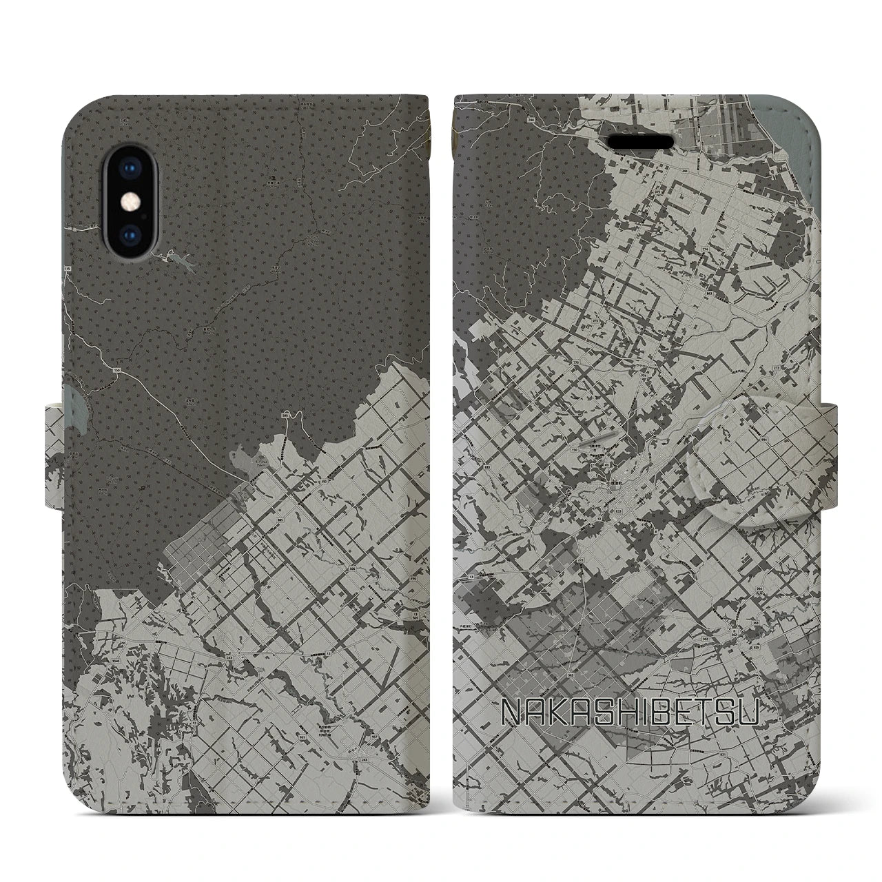 【中標津(北海道)】地図柄iPhoneケース(手帳タイプ)モノトーン・iPhone XS / X 用