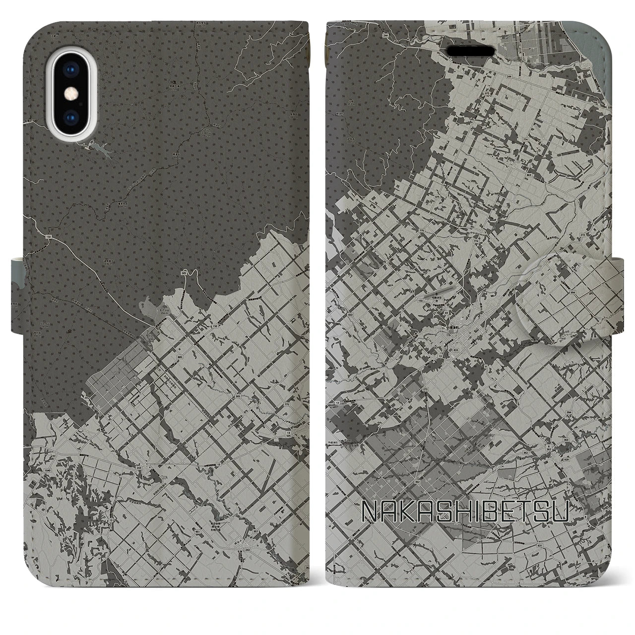 【中標津(北海道)】地図柄iPhoneケース(手帳タイプ)モノトーン・iPhone XS Max 用