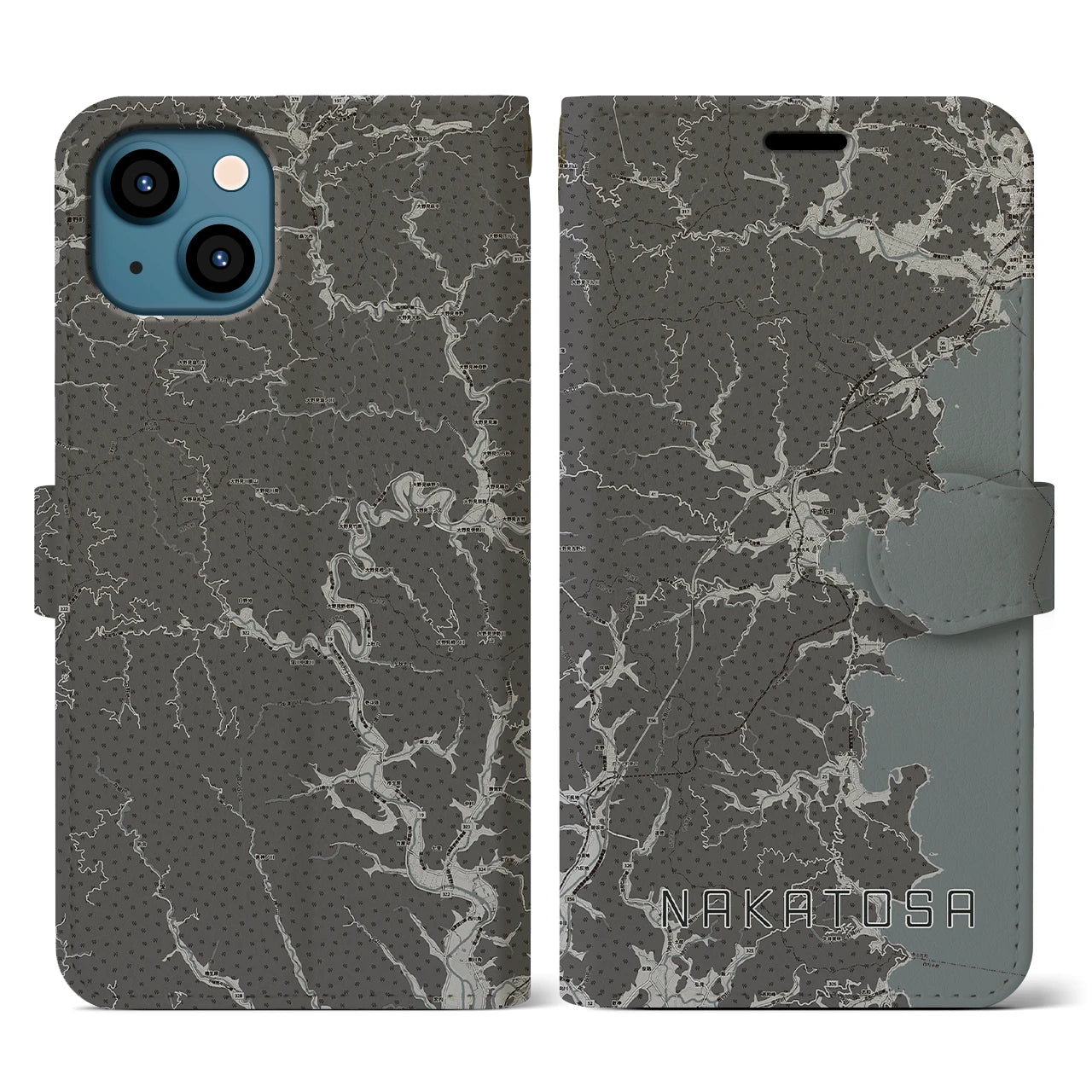 【中土佐(高知県)】地図柄iPhoneケース(手帳タイプ)モノトーン・iPhone 13 用