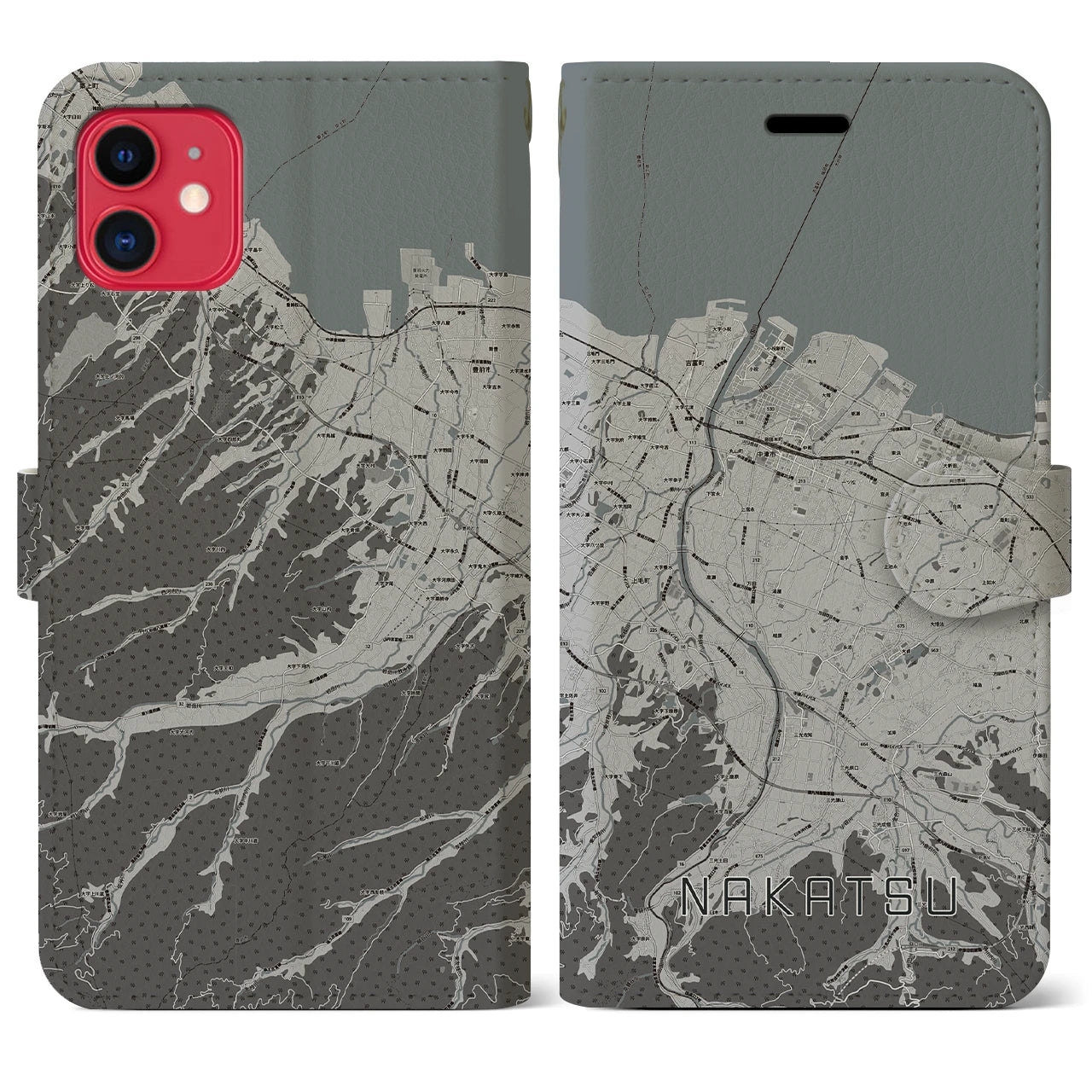 【中津(大分県)】地図柄iPhoneケース(手帳タイプ)モノトーン・iPhone 11 用