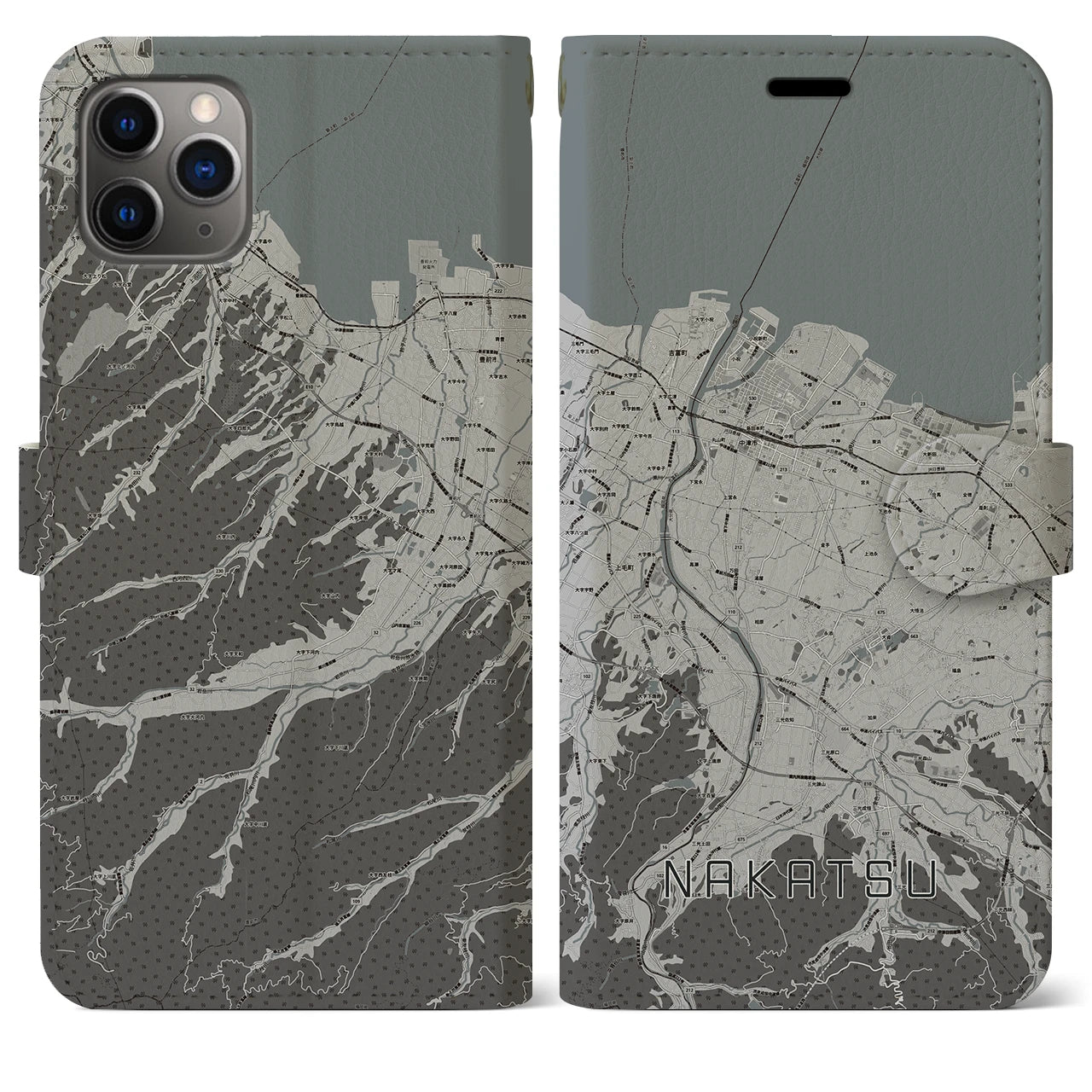 【中津(大分県)】地図柄iPhoneケース(手帳タイプ)モノトーン・iPhone 11 Pro Max 用