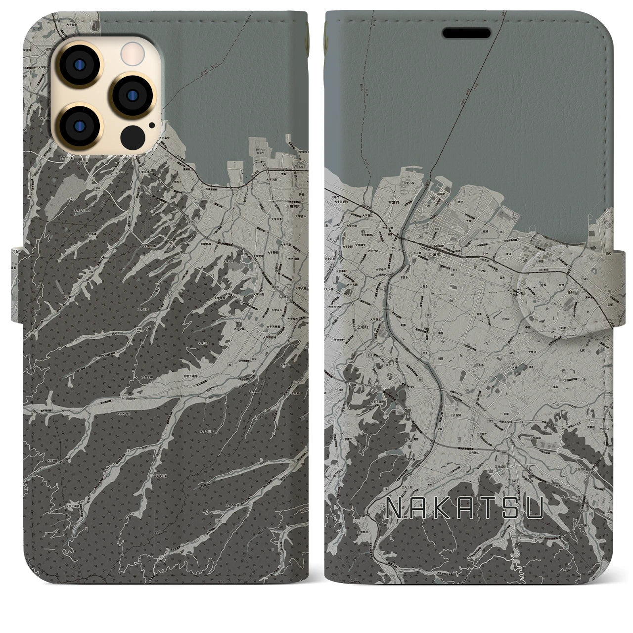 【中津(大分県)】地図柄iPhoneケース(手帳タイプ)モノトーン・iPhone 12 Pro Max 用