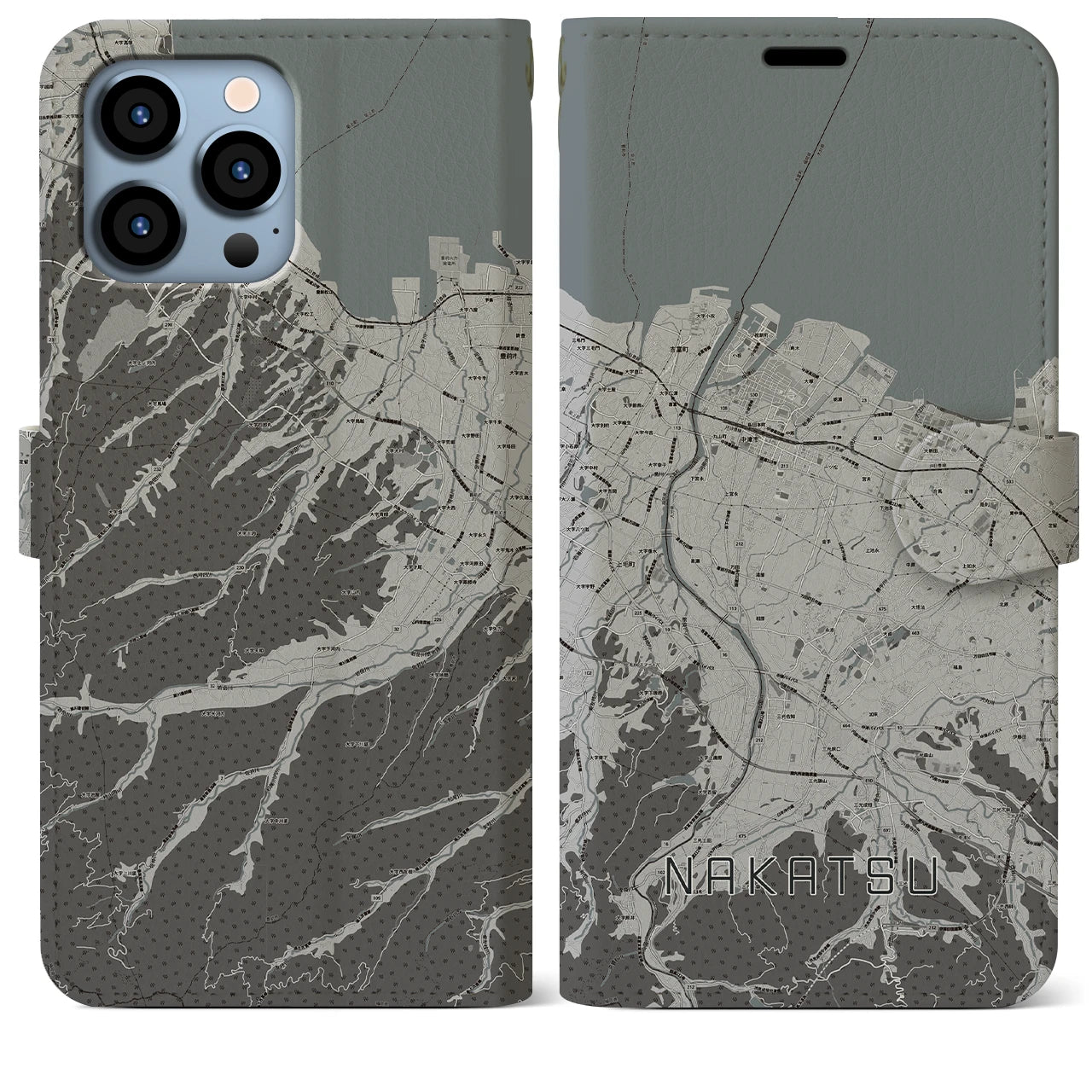 【中津(大分県)】地図柄iPhoneケース(手帳タイプ)モノトーン・iPhone 13 Pro Max 用