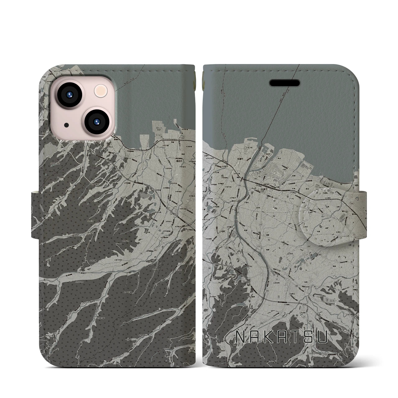【中津(大分県)】地図柄iPhoneケース(手帳タイプ)モノトーン・iPhone 13 mini 用