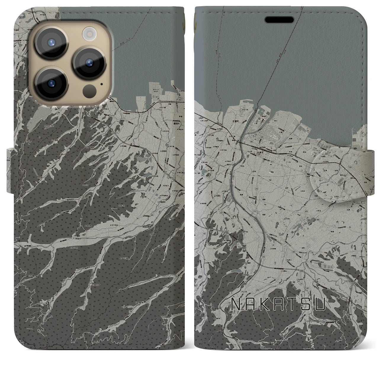【中津(大分県)】地図柄iPhoneケース(手帳タイプ)モノトーン・iPhone 14 Pro Max 用