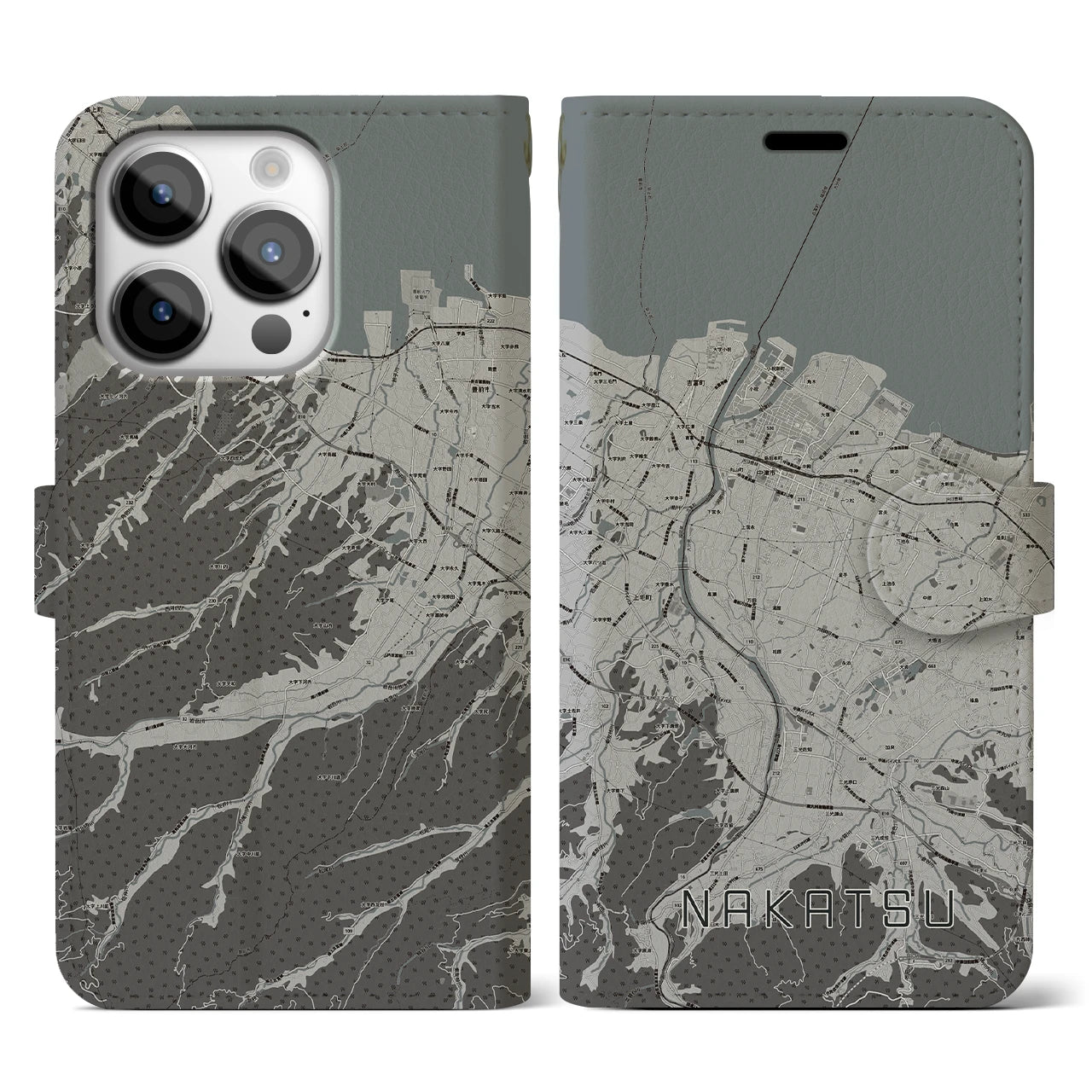 【中津(大分県)】地図柄iPhoneケース(手帳タイプ)モノトーン・iPhone 14 Pro 用