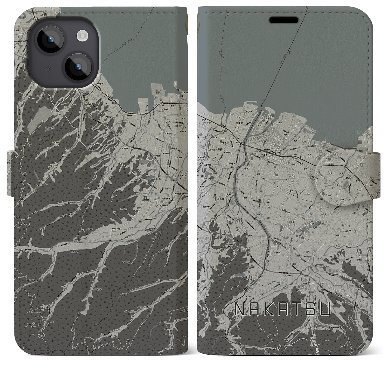 【中津(大分県)】地図柄iPhoneケース(手帳タイプ)モノトーン・iPhone 14 Plus 用