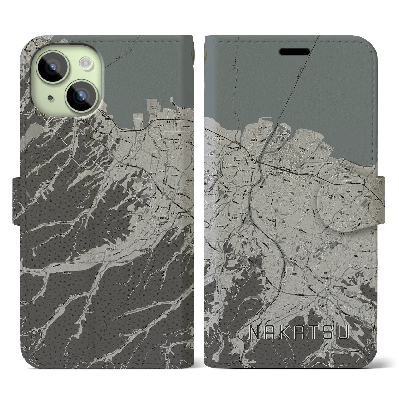 【中津(大分県)】地図柄iPhoneケース(手帳タイプ)モノトーン・iPhone 15 用