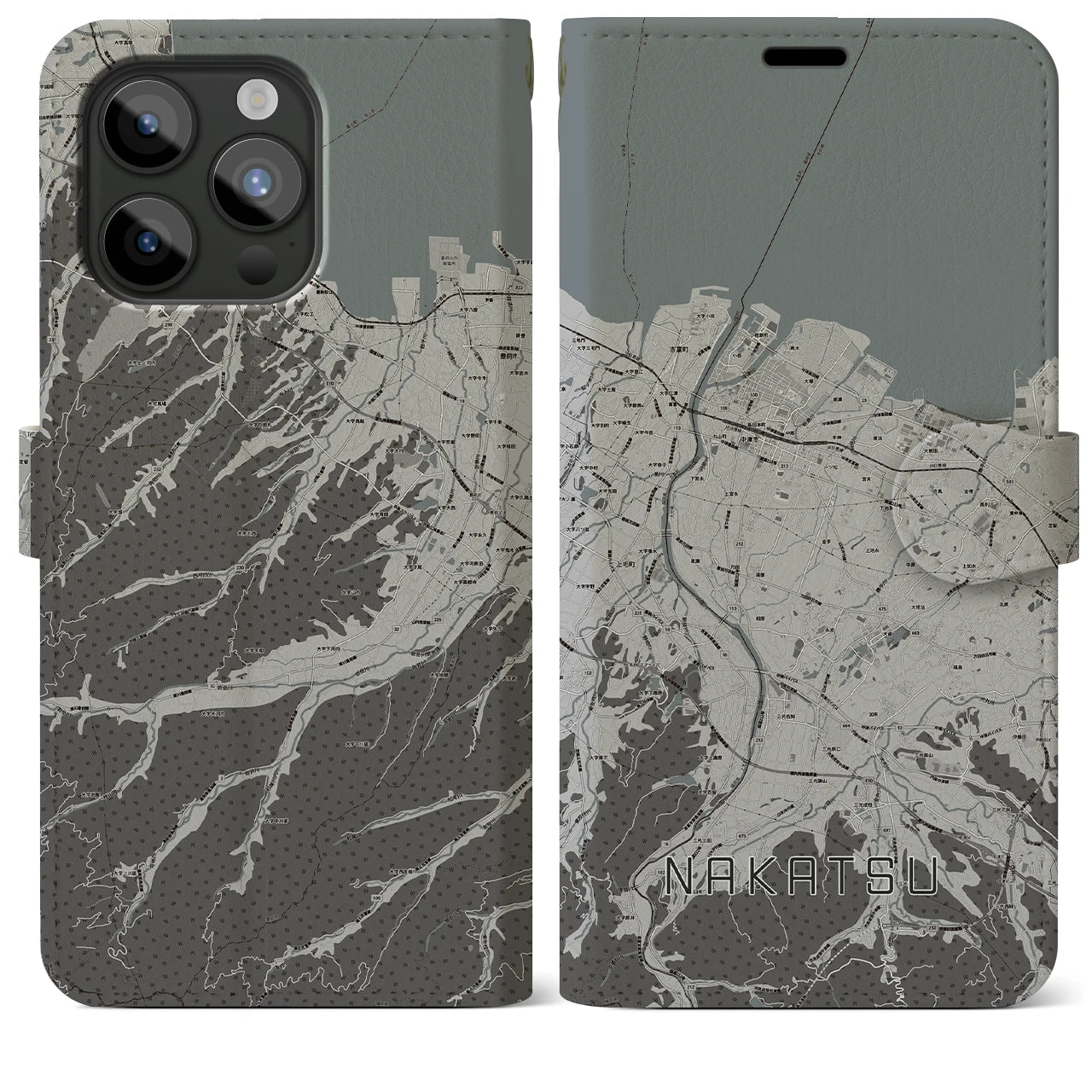 【中津(大分県)】地図柄iPhoneケース(手帳タイプ)モノトーン・iPhone 15 Pro Max 用