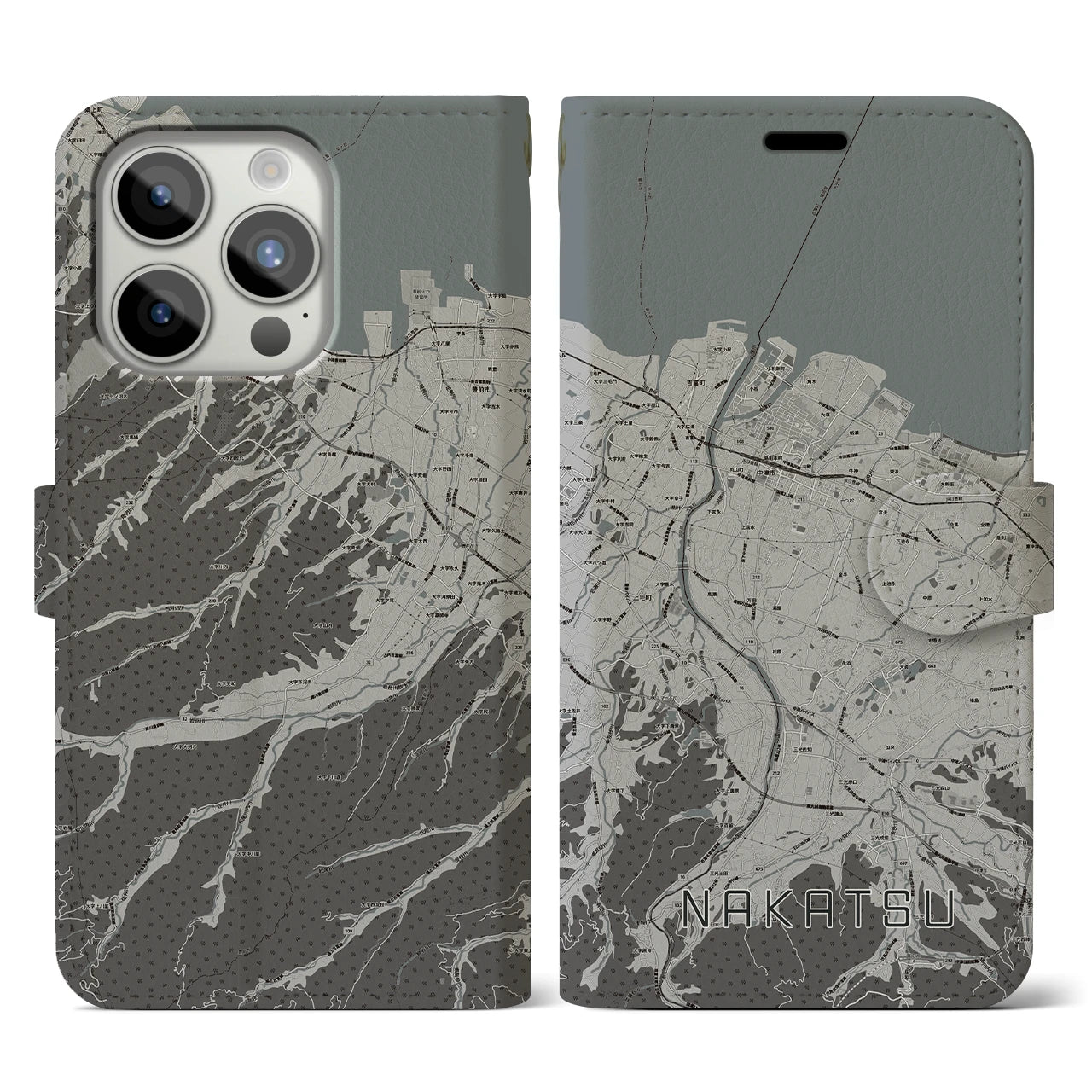 【中津(大分県)】地図柄iPhoneケース(手帳タイプ)モノトーン・iPhone 15 Pro 用