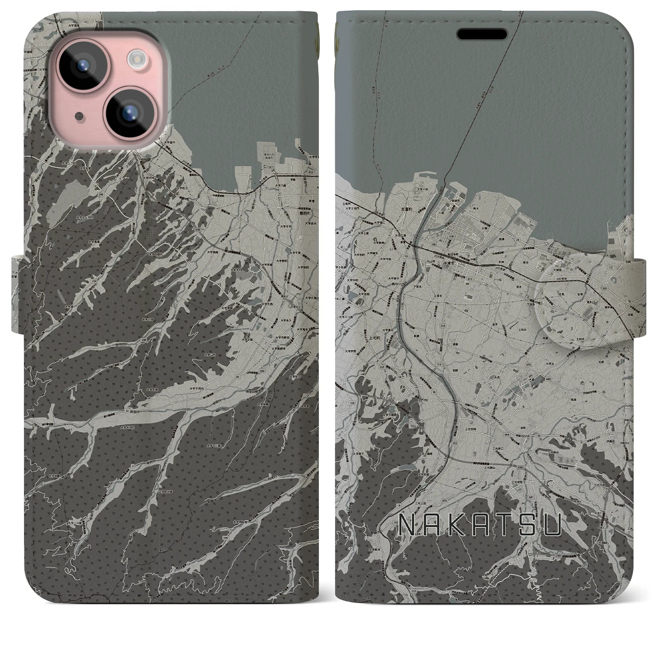 【中津(大分県)】地図柄iPhoneケース(手帳タイプ)モノトーン・iPhone 15 Plus 用