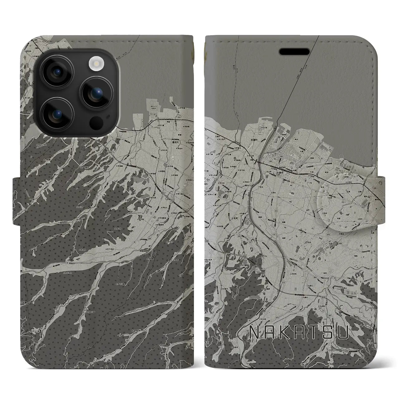 【中津(大分県)】地図柄iPhoneケース(手帳タイプ)モノトーン・iPhone 16 用