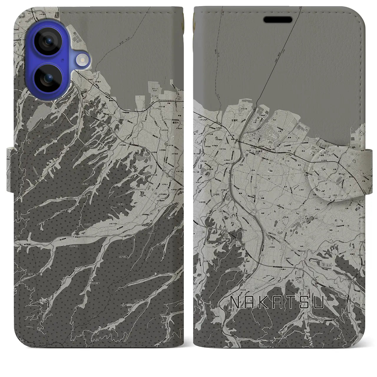【中津(大分県)】地図柄iPhoneケース(手帳タイプ)モノトーン・iPhone 16 Pro Max 用