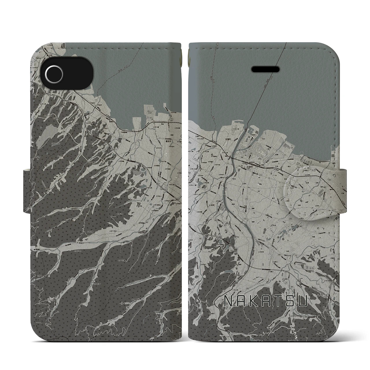 【中津(大分県)】地図柄iPhoneケース(手帳タイプ)モノトーン・iPhone SE(第3 / 第2世代) / 8 / 7 / 6s / 6 用