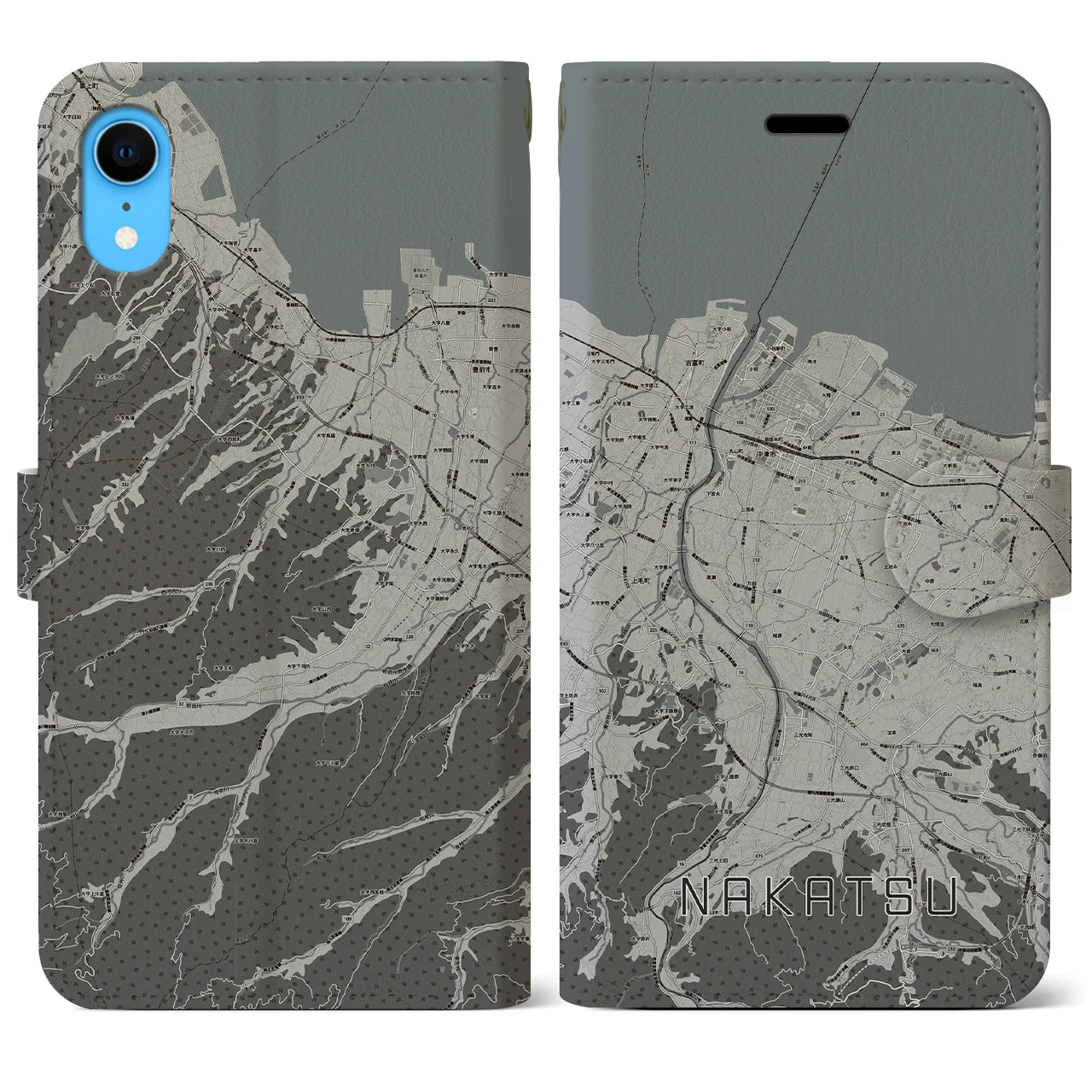 【中津(大分県)】地図柄iPhoneケース(手帳タイプ)モノトーン・iPhone XR 用