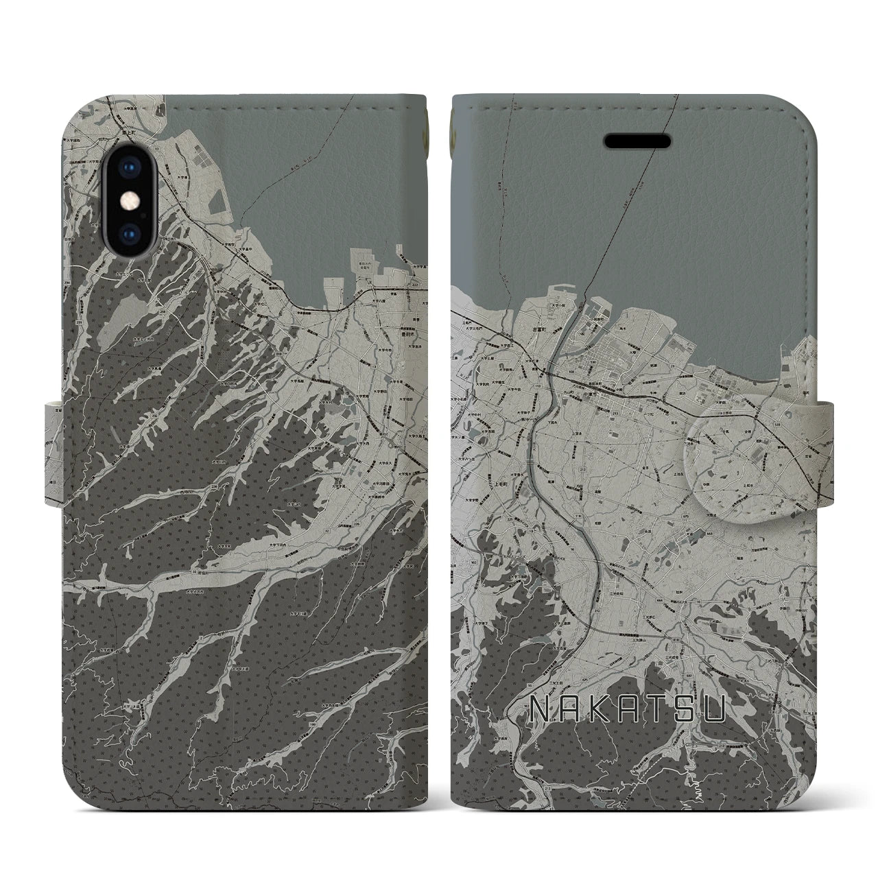 【中津(大分県)】地図柄iPhoneケース(手帳タイプ)モノトーン・iPhone XS / X 用