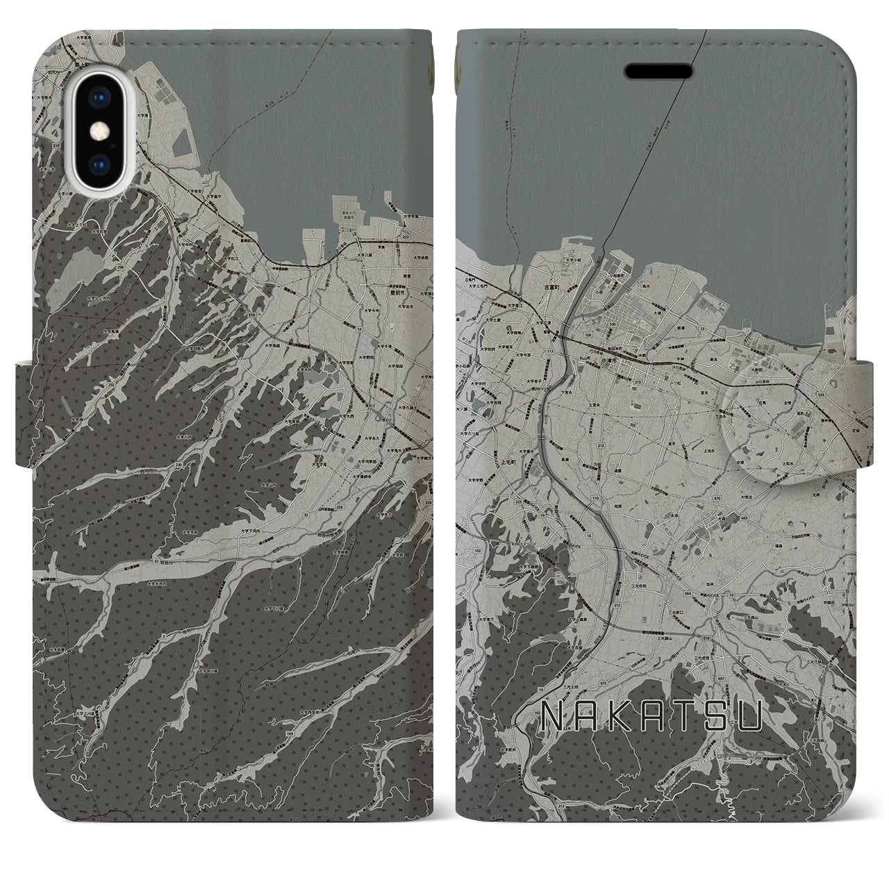 【中津(大分県)】地図柄iPhoneケース(手帳タイプ)モノトーン・iPhone XS Max 用
