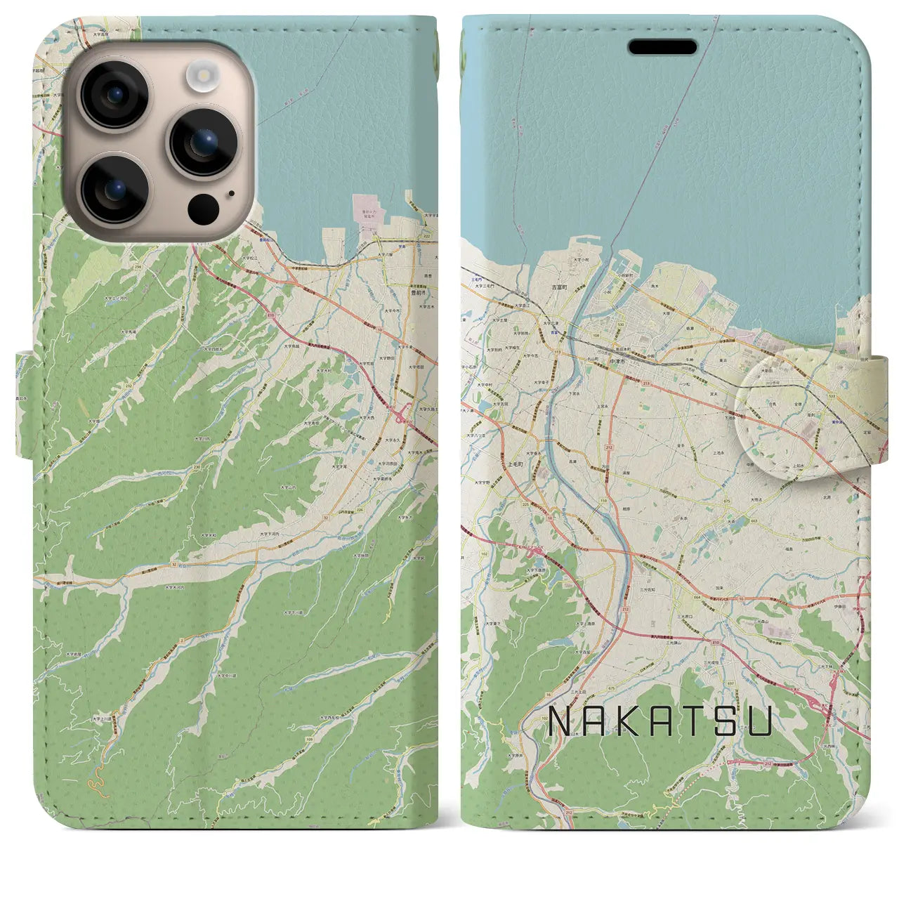 【中津(大分県)】地図柄iPhoneケース(手帳タイプ)ナチュラル・iPhone 16 Plus 用