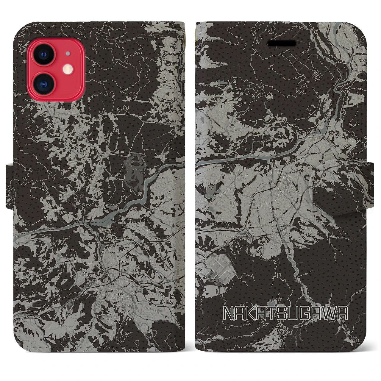 【中津川(岐阜県)】地図柄iPhoneケース(手帳タイプ)モノトーン・iPhone 11 用