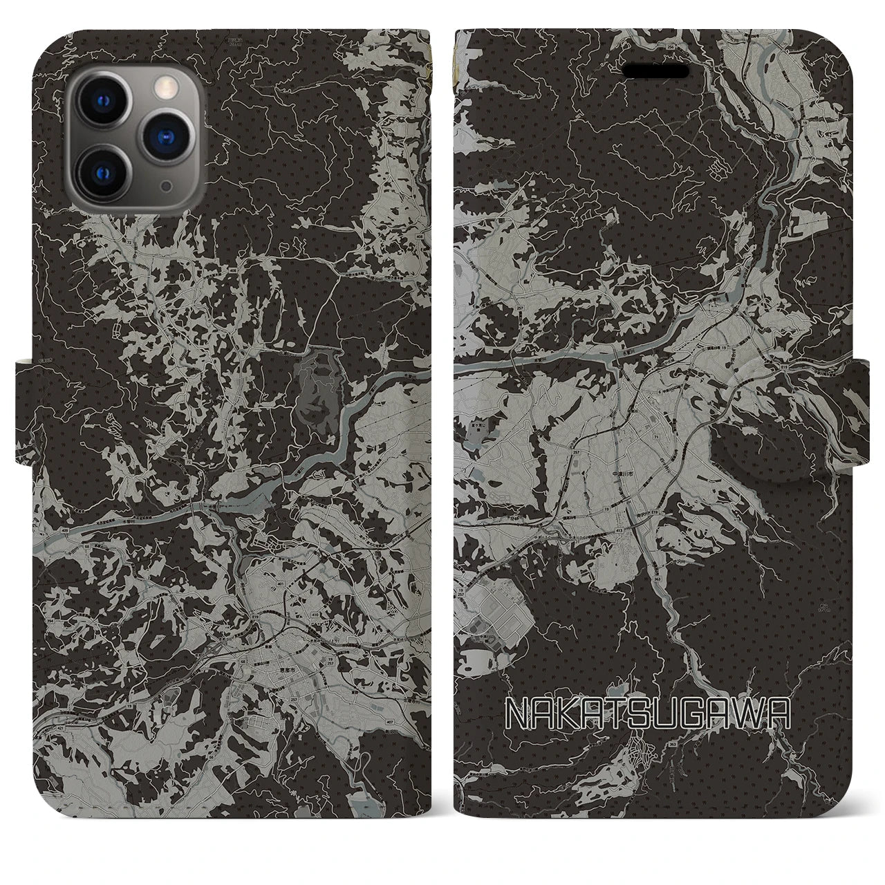 【中津川(岐阜県)】地図柄iPhoneケース(手帳タイプ)モノトーン・iPhone 11 Pro Max 用