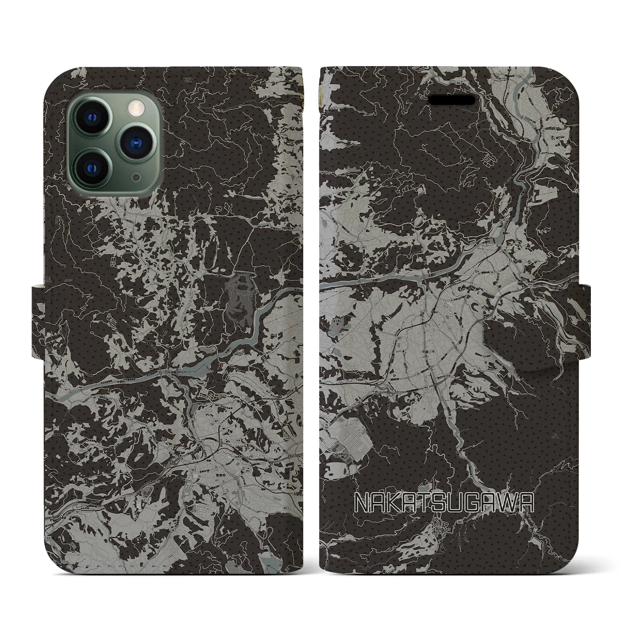 【中津川(岐阜県)】地図柄iPhoneケース(手帳タイプ)モノトーン・iPhone 11 Pro 用