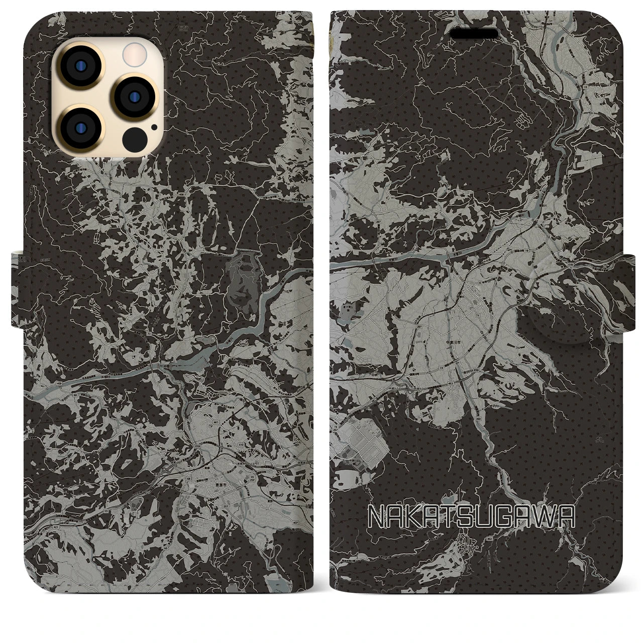 【中津川(岐阜県)】地図柄iPhoneケース(手帳タイプ)モノトーン・iPhone 12 Pro Max 用
