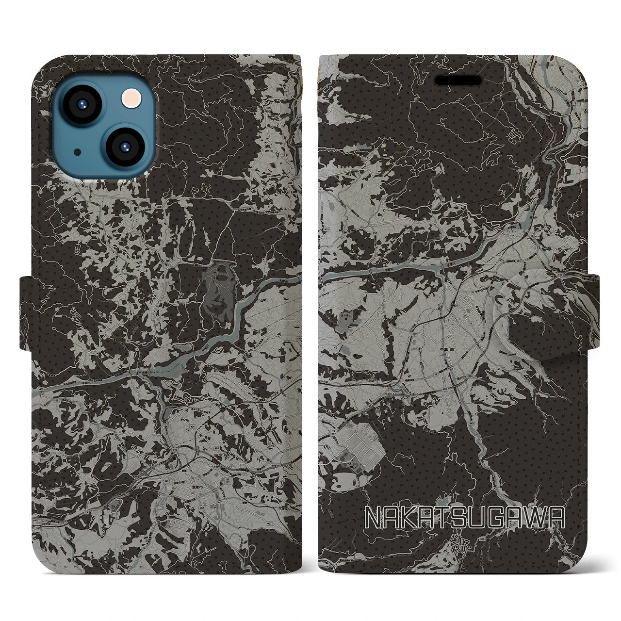 【中津川(岐阜県)】地図柄iPhoneケース(手帳タイプ)モノトーン・iPhone 13 用