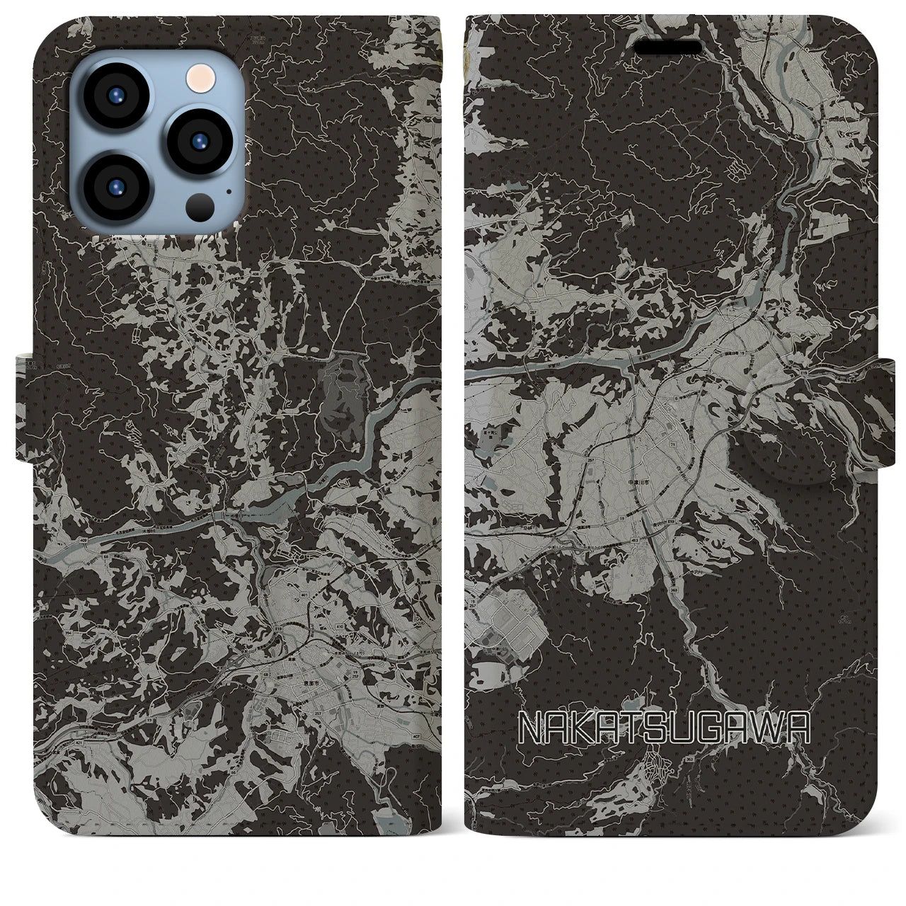 【中津川(岐阜県)】地図柄iPhoneケース(手帳タイプ)モノトーン・iPhone 13 Pro Max 用