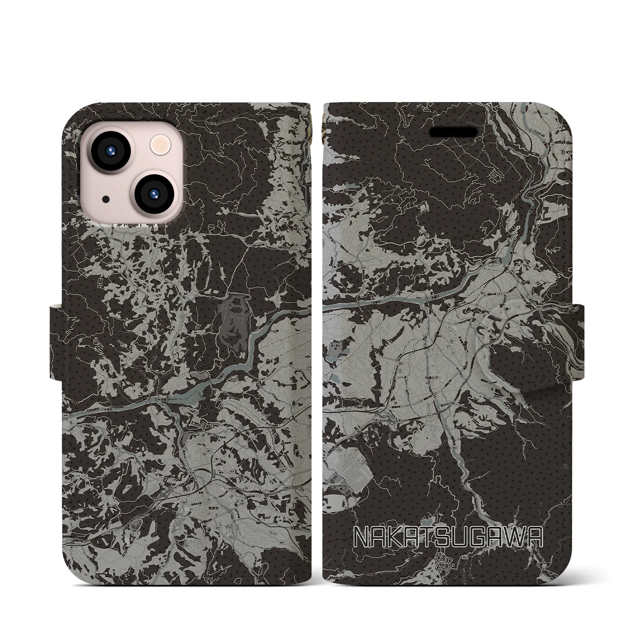 【中津川(岐阜県)】地図柄iPhoneケース(手帳タイプ)モノトーン・iPhone 13 mini 用
