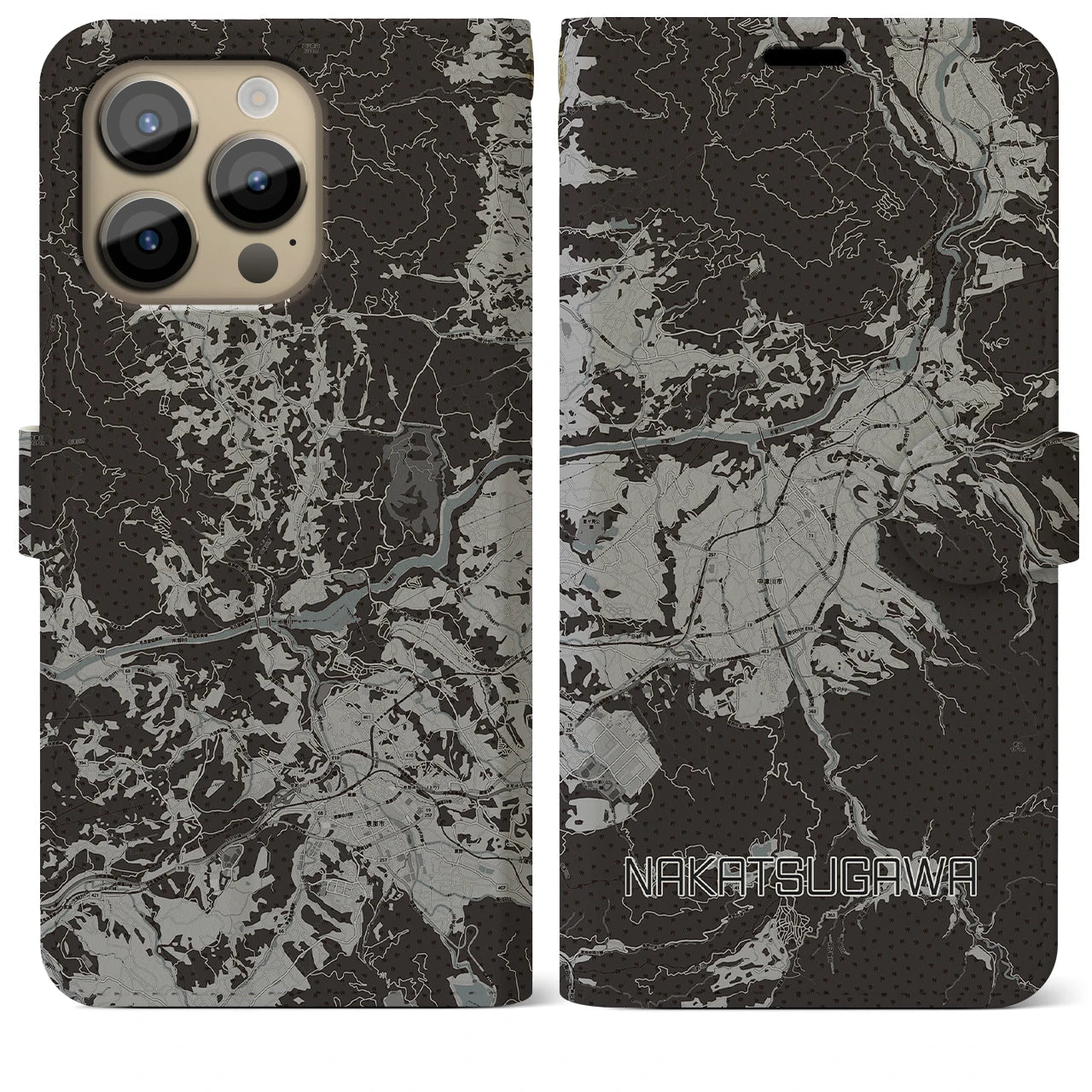 【中津川(岐阜県)】地図柄iPhoneケース(手帳タイプ)モノトーン・iPhone 14 Pro Max 用