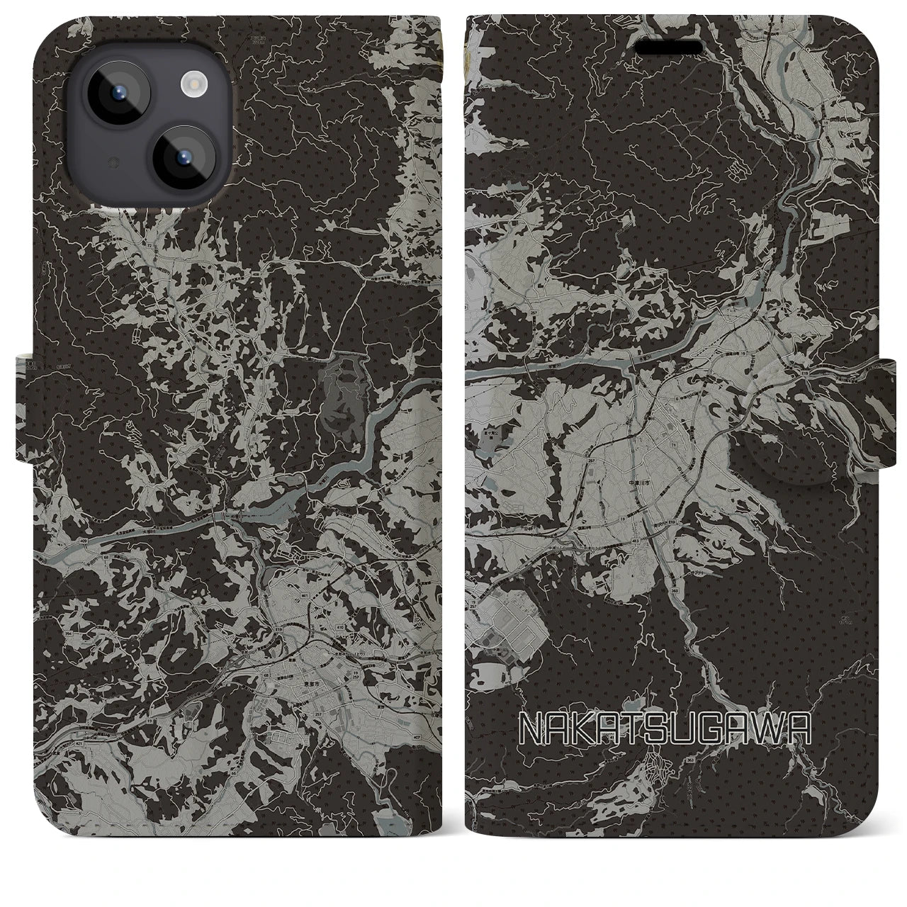 【中津川(岐阜県)】地図柄iPhoneケース(手帳タイプ)モノトーン・iPhone 14 Plus 用