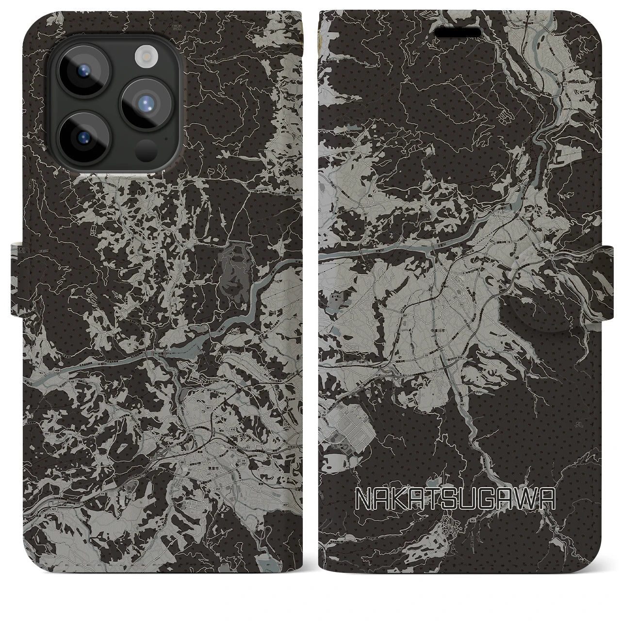 【中津川(岐阜県)】地図柄iPhoneケース(手帳タイプ)モノトーン・iPhone 15 Pro Max 用