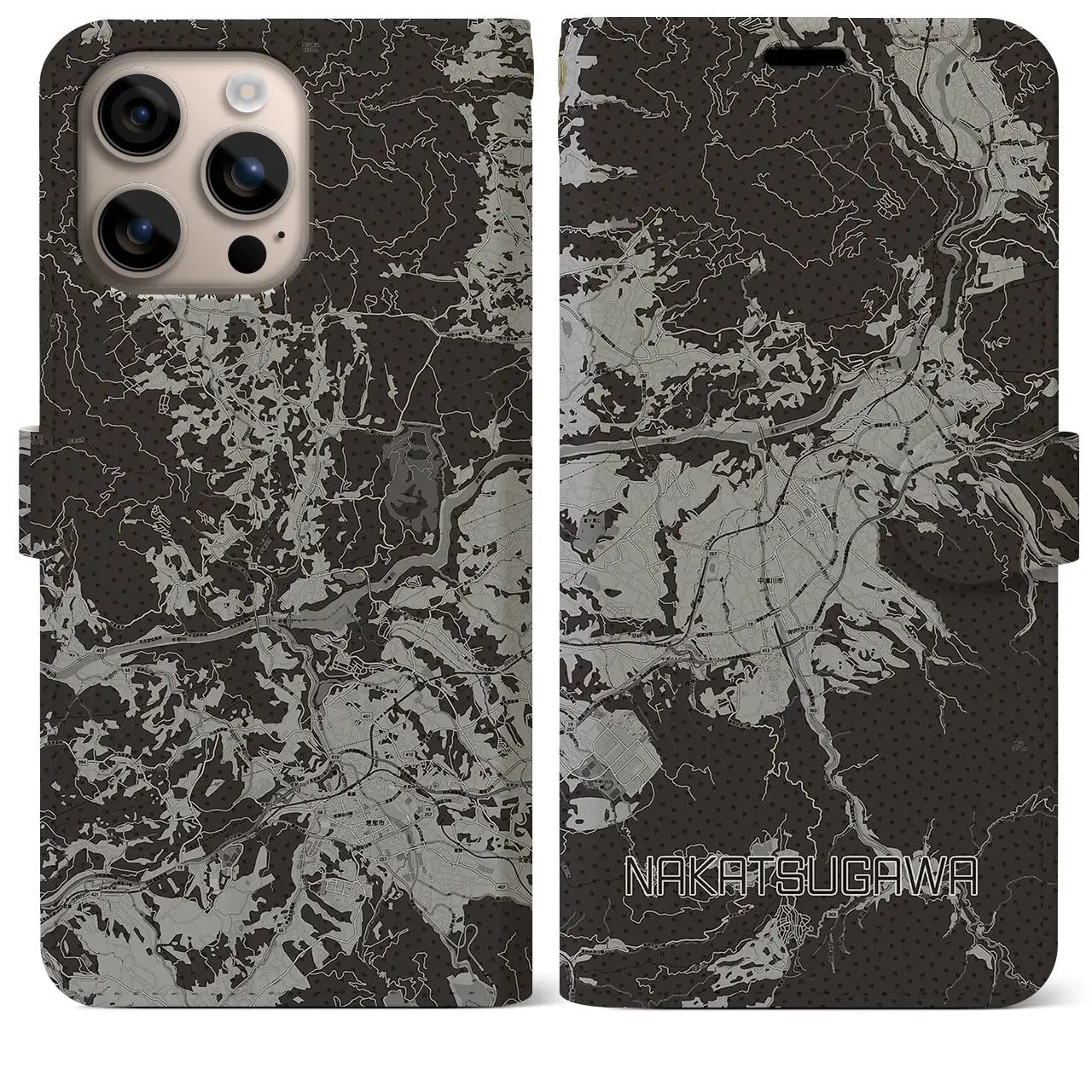 【中津川(岐阜県)】地図柄iPhoneケース(手帳タイプ)モノトーン・iPhone 16 Plus 用