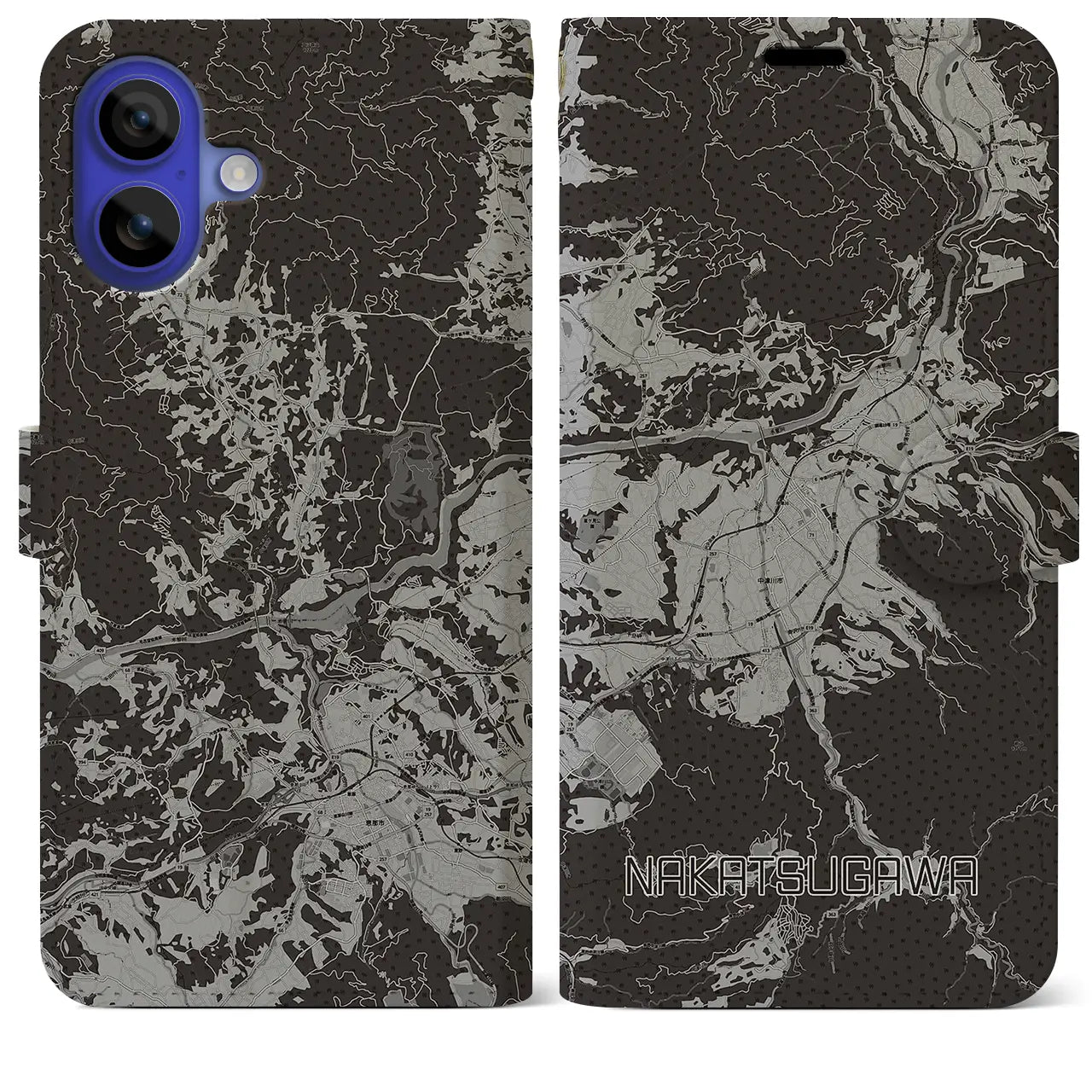 【中津川(岐阜県)】地図柄iPhoneケース(手帳タイプ)モノトーン・iPhone 16 Pro Max 用