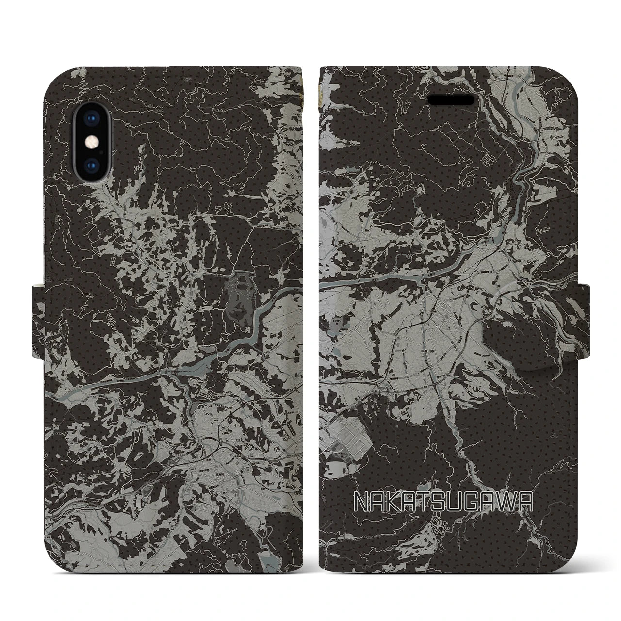 【中津川(岐阜県)】地図柄iPhoneケース(手帳タイプ)モノトーン・iPhone XS / X 用