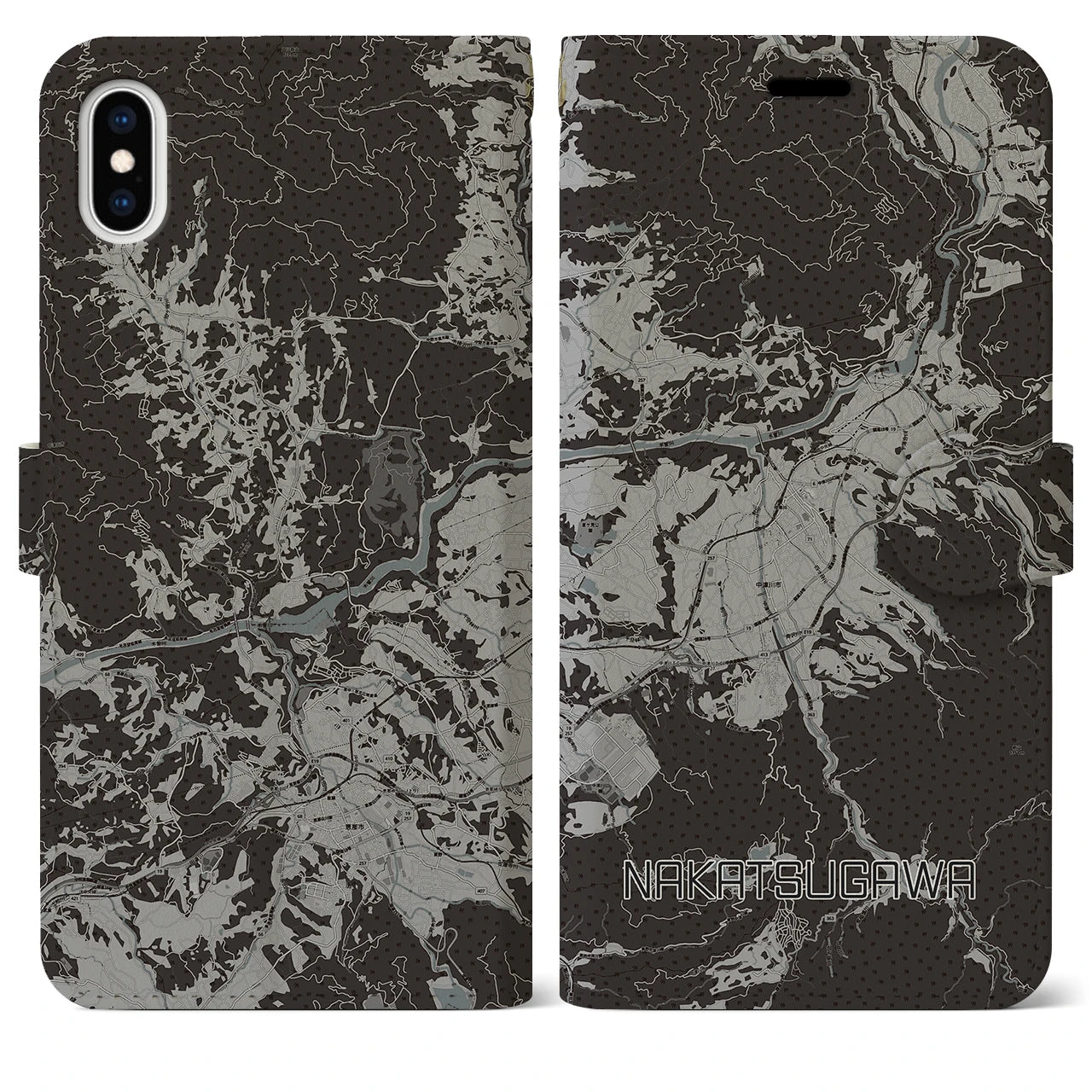 【中津川(岐阜県)】地図柄iPhoneケース(手帳タイプ)モノトーン・iPhone XS Max 用