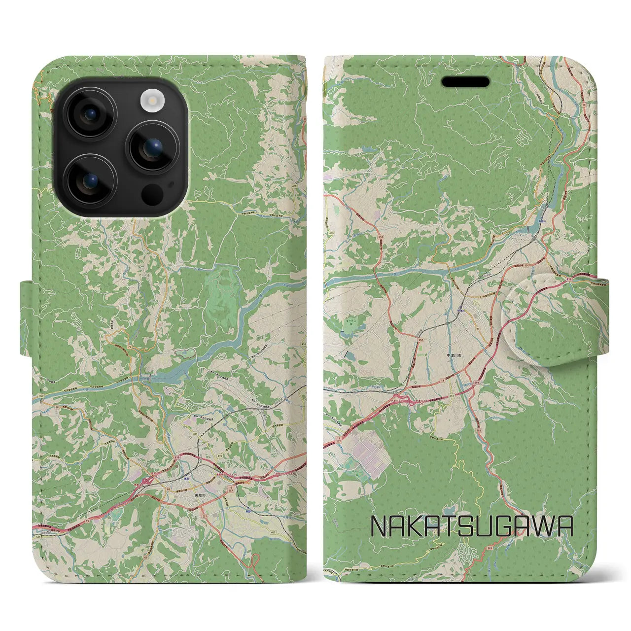 【中津川(岐阜県)】地図柄iPhoneケース(手帳タイプ)ナチュラル・iPhone 16 用
