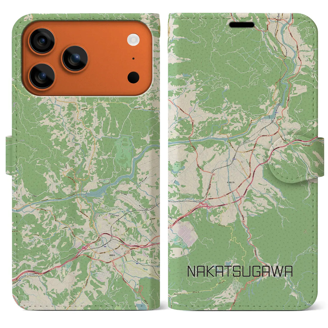【中津川(岐阜県)】地図柄iPhoneケース(手帳タイプ)ナチュラル・iPhone 17 Pro Max 用